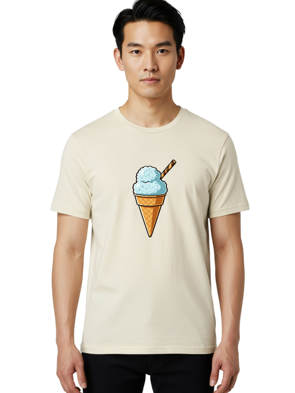 Ice-Cream-Cone-8 Men'S Graphic Tee, 100% Cotton, Comfortable Casual Summer Wear, Machine Washable, Blue Ice Cream, Waffle Cone, Striped Straw, Cartoon Style, Sweet Treat, Frozen Dessert, Summer Snack, Ice Cream Lover Baa869
