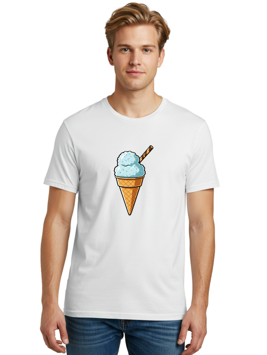 Ice-Cream-Cone-8 Men'S Graphic Tee, 100% Cotton, Comfortable Casual Summer Wear, Machine Washable, Blue Ice Cream, Waffle Cone, Striped Straw, Cartoon Style, Sweet Treat, Frozen Dessert, Summer Snack, Ice Cream Lover Baa869