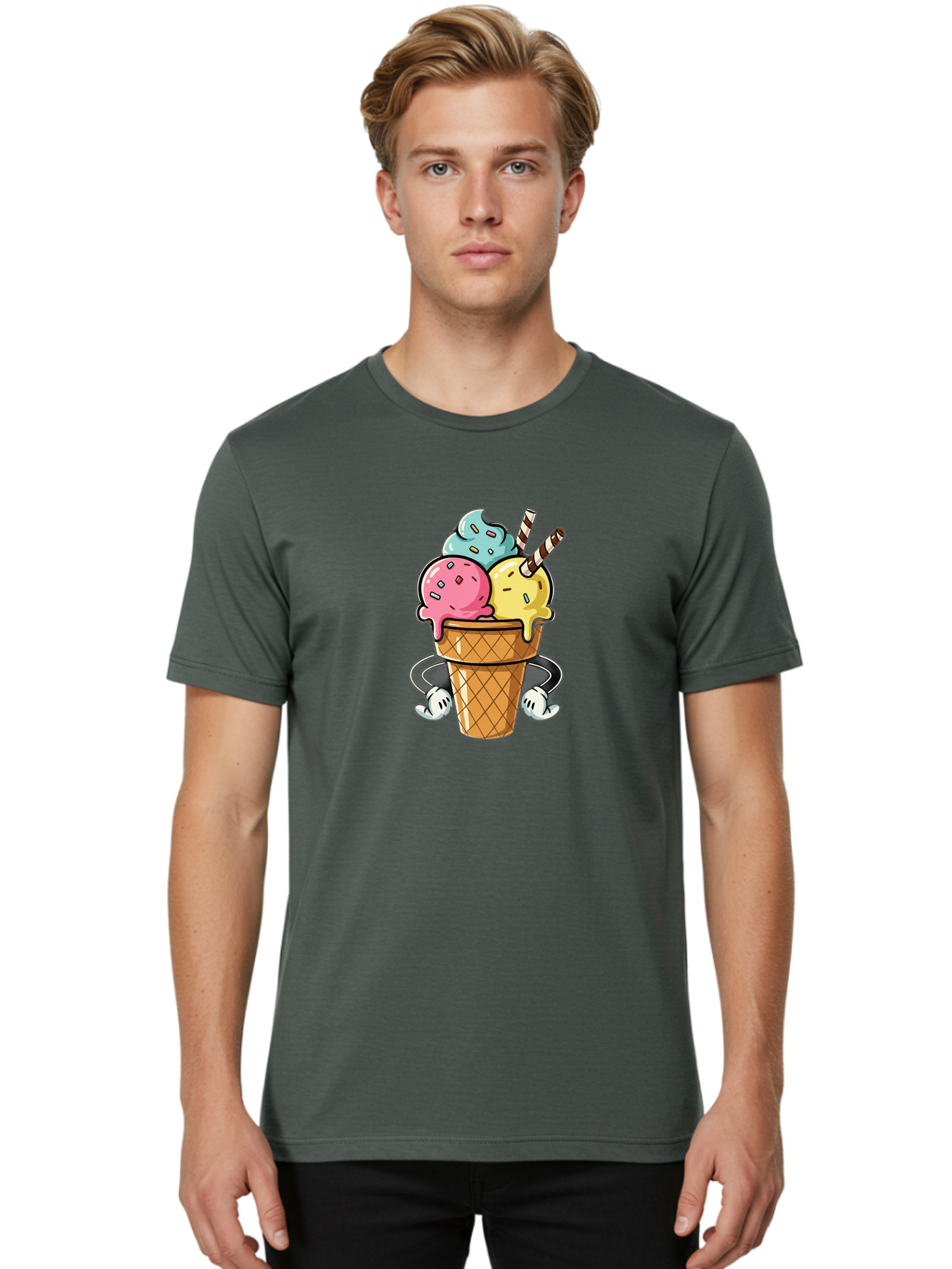 Ice-Cream-Cone-9 Men'S Graphic Tee, 100% Cotton, Comfortable Casual Summer Wear, Machine Washable, Three Scoops Ice Cream, Colorful Dessert, Melting Ice Cream, Sprinkles, Waffle Cone, Striped Straw, Cartoon Character, Fun And Playful, Baa870