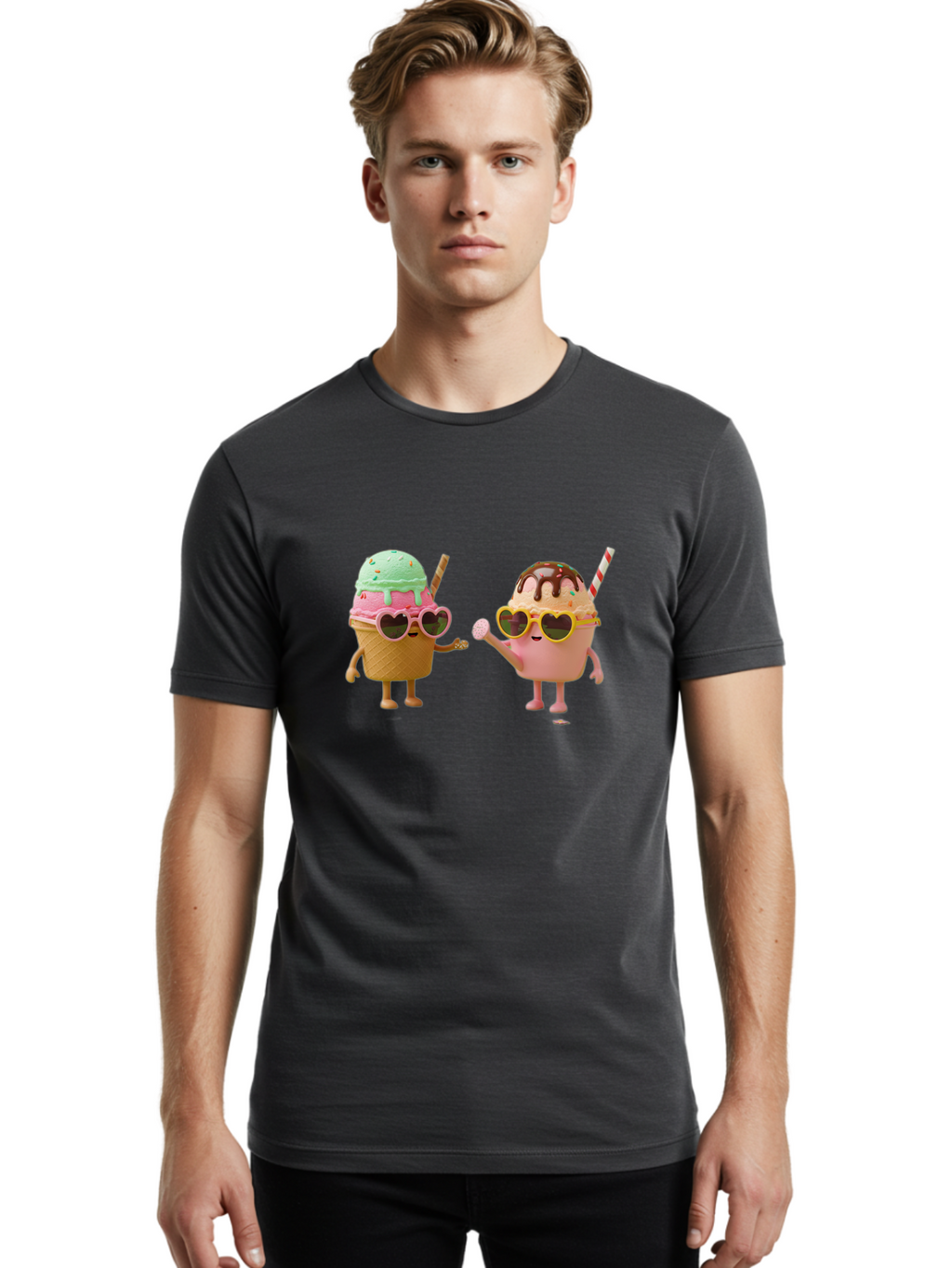 Ice-Cream-Cone-And-Cup Men'S Graphic Tee, 100% Cotton, Comfortable Casual Summer Wear, Machine Washable, Ice Cream Cone Character, Ice Cream Bowl Character, Heart-Shaped Sunglasses, Pastel Colors, Fun Illustration, Sweet Treats, Baa871