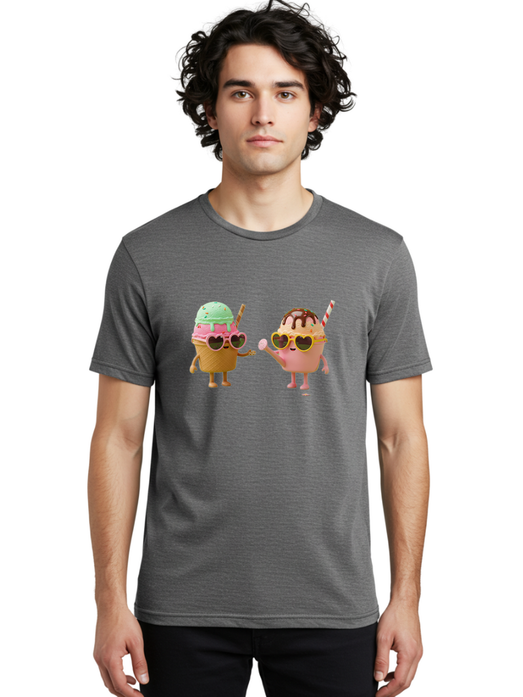 Ice-Cream-Cone-And-Cup Men'S Graphic Tee, 100% Cotton, Comfortable Casual Summer Wear, Machine Washable, Ice Cream Cone Character, Ice Cream Bowl Character, Heart-Shaped Sunglasses, Pastel Colors, Fun Illustration, Sweet Treats, Baa871
