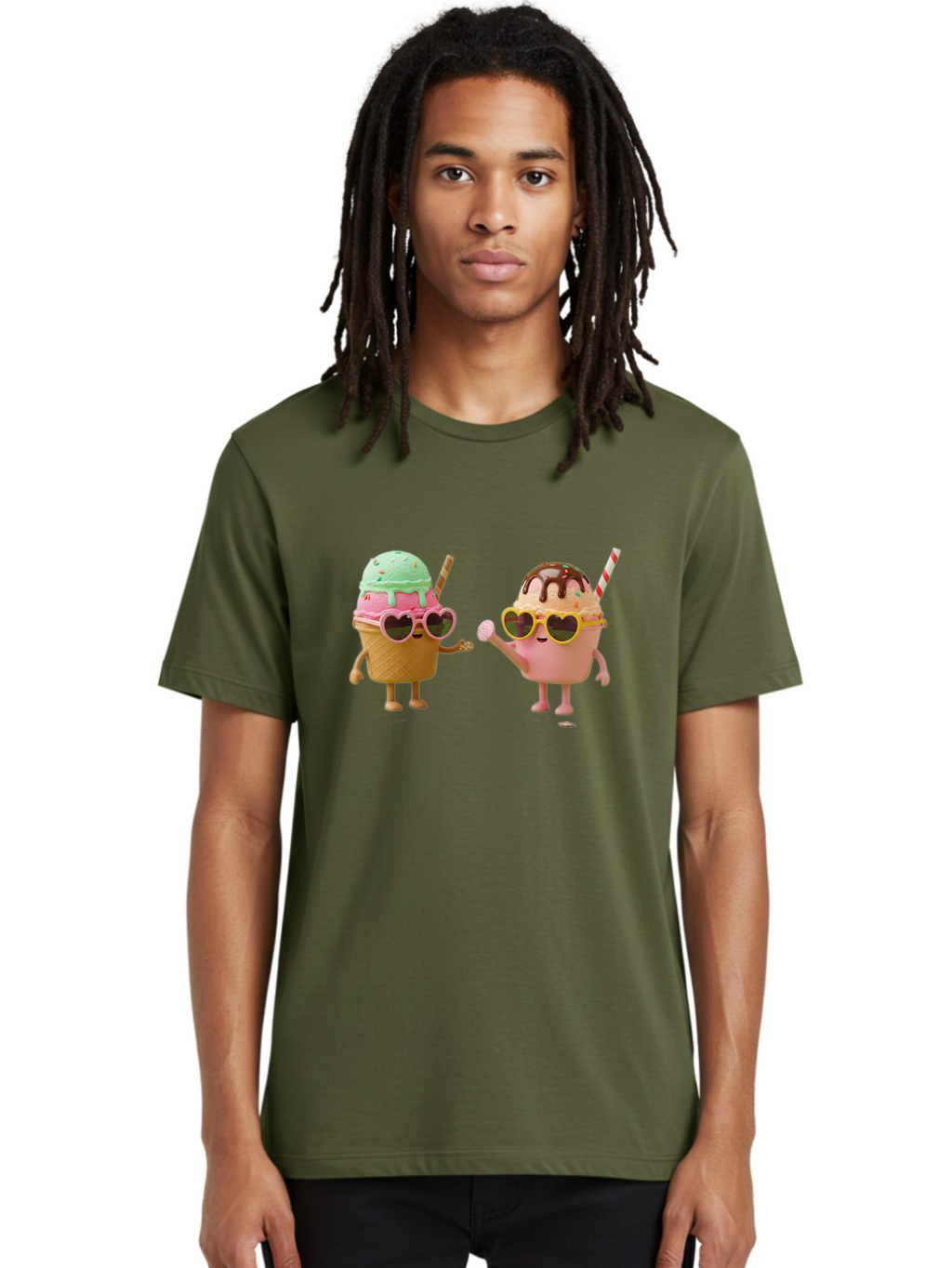 Ice-Cream-Cone-And-Cup Men'S Graphic Tee, 100% Cotton, Comfortable Casual Summer Wear, Machine Washable, Ice Cream Cone Character, Ice Cream Bowl Character, Heart-Shaped Sunglasses, Pastel Colors, Fun Illustration, Sweet Treats, Baa871