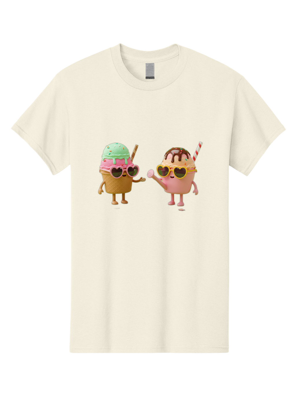 Ice-Cream-Cone-And-Cup Men'S Graphic Tee, 100% Cotton, Comfortable Casual Summer Wear, Machine Washable, Ice Cream Cone Character, Ice Cream Bowl Character, Heart-Shaped Sunglasses, Pastel Colors, Fun Illustration, Sweet Treats, Baa871