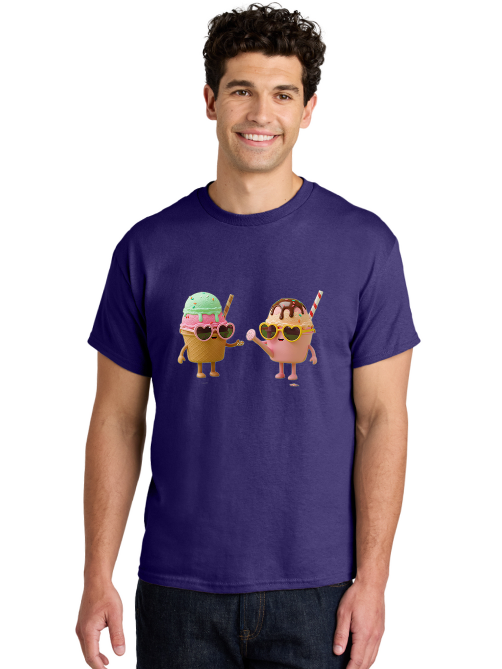 Ice-Cream-Cone-And-Cup Men'S Graphic Tee, 100% Cotton, Comfortable Casual Summer Wear, Machine Washable, Ice Cream Cone Character, Ice Cream Bowl Character, Heart-Shaped Sunglasses, Pastel Colors, Fun Illustration, Sweet Treats, Baa871