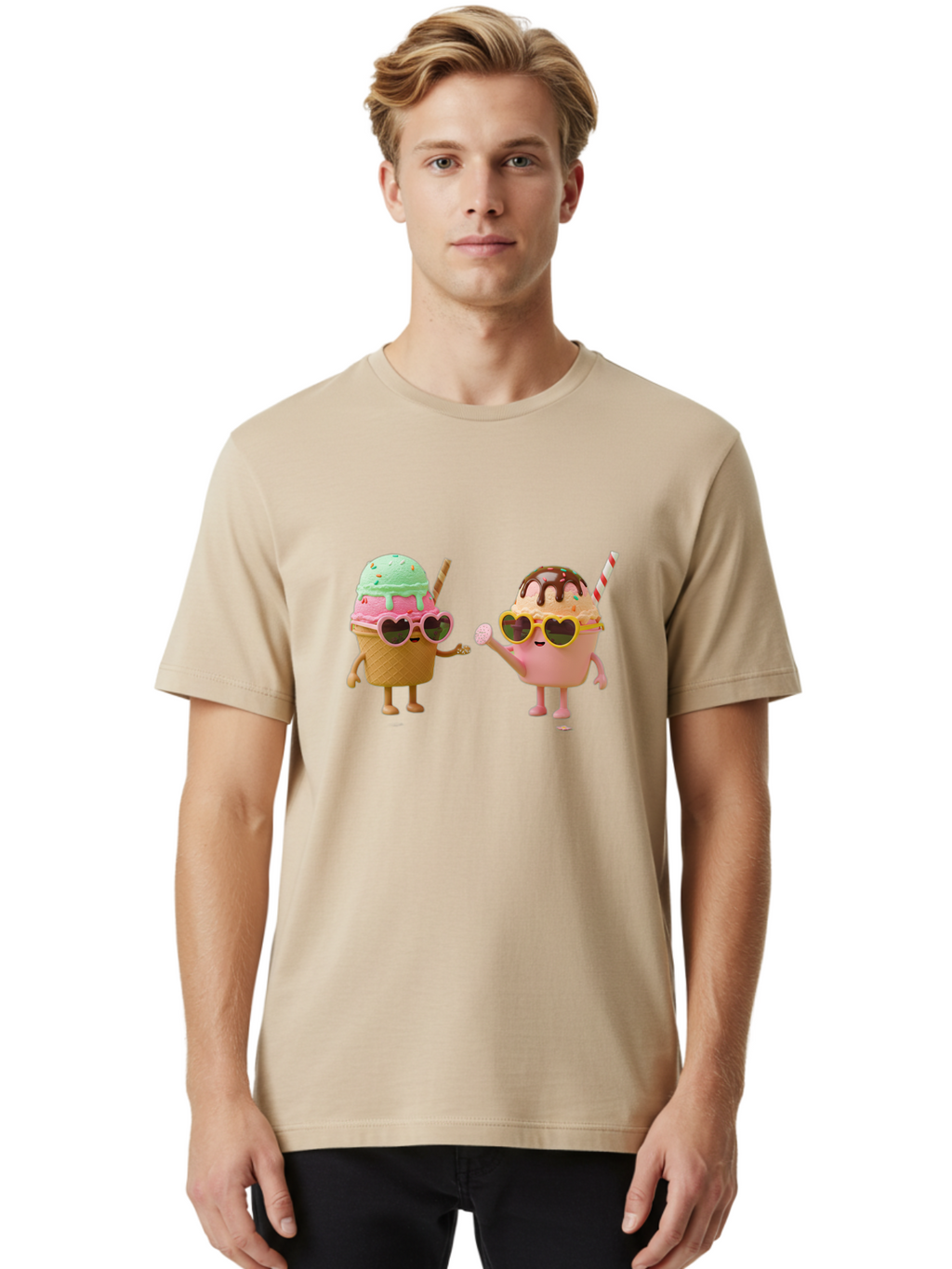 Ice-Cream-Cone-And-Cup Men'S Graphic Tee, 100% Cotton, Comfortable Casual Summer Wear, Machine Washable, Ice Cream Cone Character, Ice Cream Bowl Character, Heart-Shaped Sunglasses, Pastel Colors, Fun Illustration, Sweet Treats, Baa871