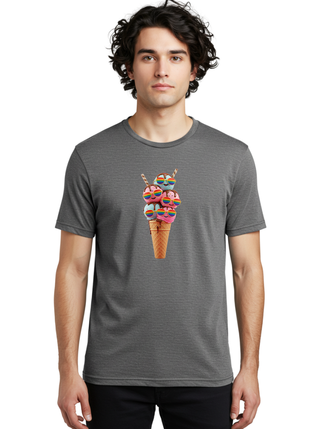 Ice-Cream-Cone-Babies Men'S Graphic Tee, 100% Cotton, Comfortable Casual Summer Wear, Machine Washable, Ice Cream Cone, Smiley Faces, Rainbow Sunglasses, Colorful Treats, Sweet Delights, Fun Desserts, Playful Theme, Happy Vibes Baa872