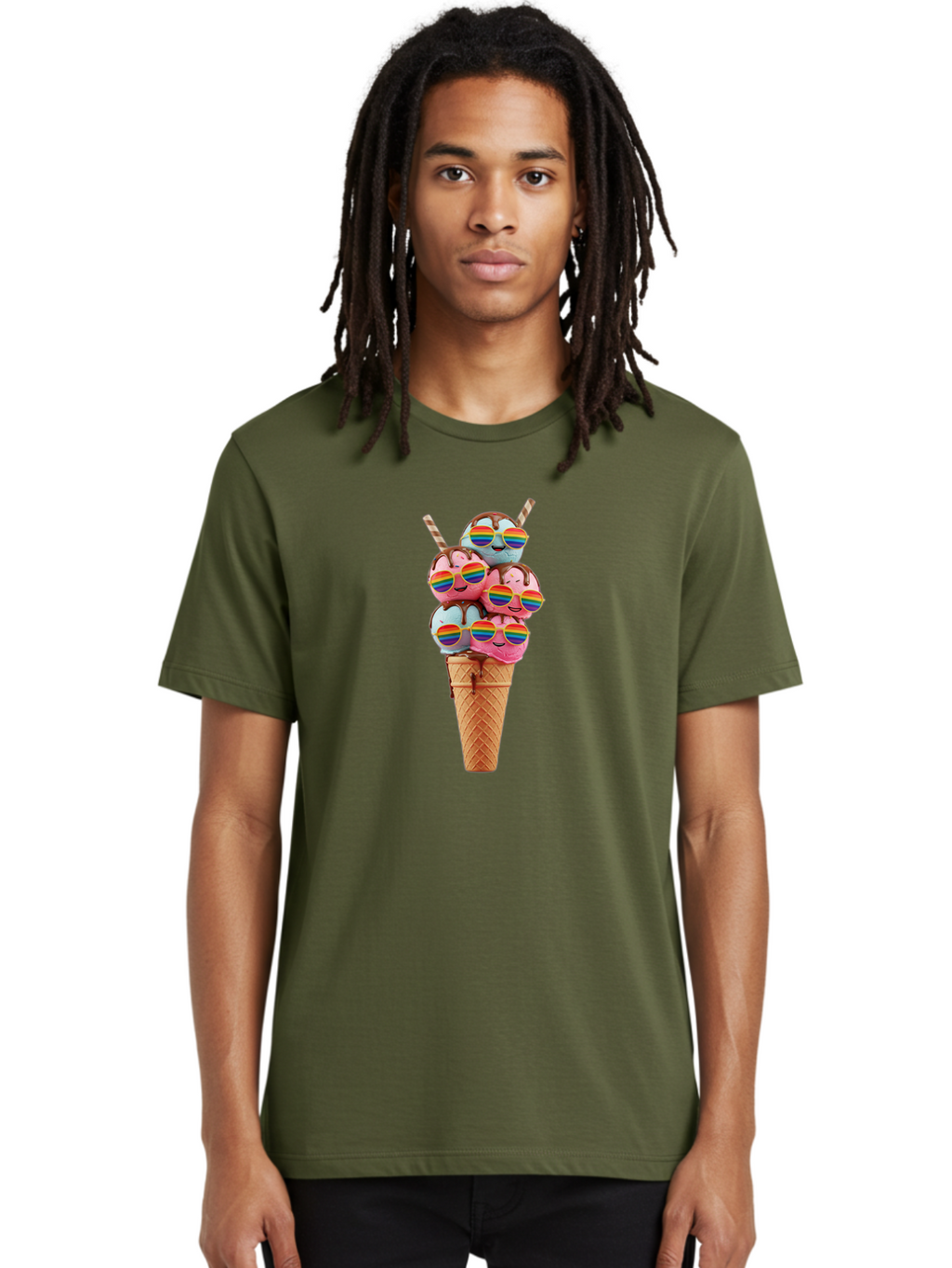 Ice-Cream-Cone-Babies Men'S Graphic Tee, 100% Cotton, Comfortable Casual Summer Wear, Machine Washable, Ice Cream Cone, Smiley Faces, Rainbow Sunglasses, Colorful Treats, Sweet Delights, Fun Desserts, Playful Theme, Happy Vibes Baa872