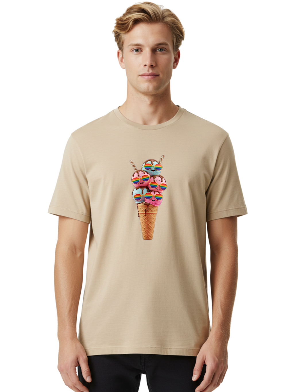 Ice-Cream-Cone-Babies Men'S Graphic Tee, 100% Cotton, Comfortable Casual Summer Wear, Machine Washable, Ice Cream Cone, Smiley Faces, Rainbow Sunglasses, Colorful Treats, Sweet Delights, Fun Desserts, Playful Theme, Happy Vibes Baa872