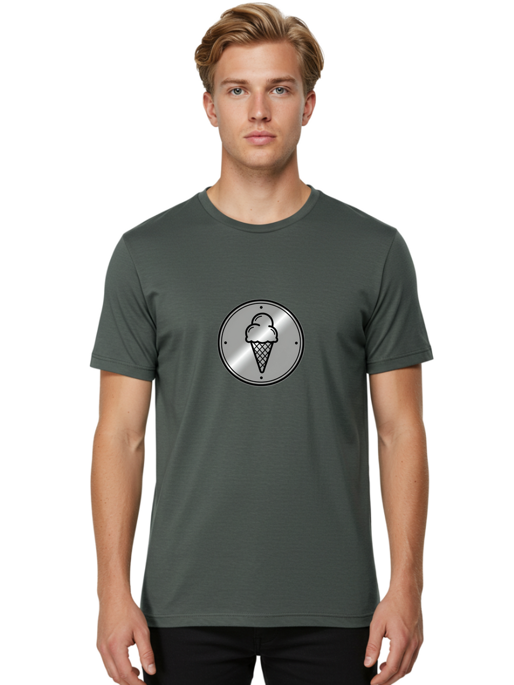 Ice-Cream-Cone-Icon Men'S Graphic Tee, 100% Cotton, Comfortable Casual Summer Wear, Machine Washable, Ice Cream Cone, Sweet Treat, Dessert Icon, Frozen Yogurt, Creamy Texture, Black Outline, Silver Badge, Modern Design, Simple Illustration Baa873