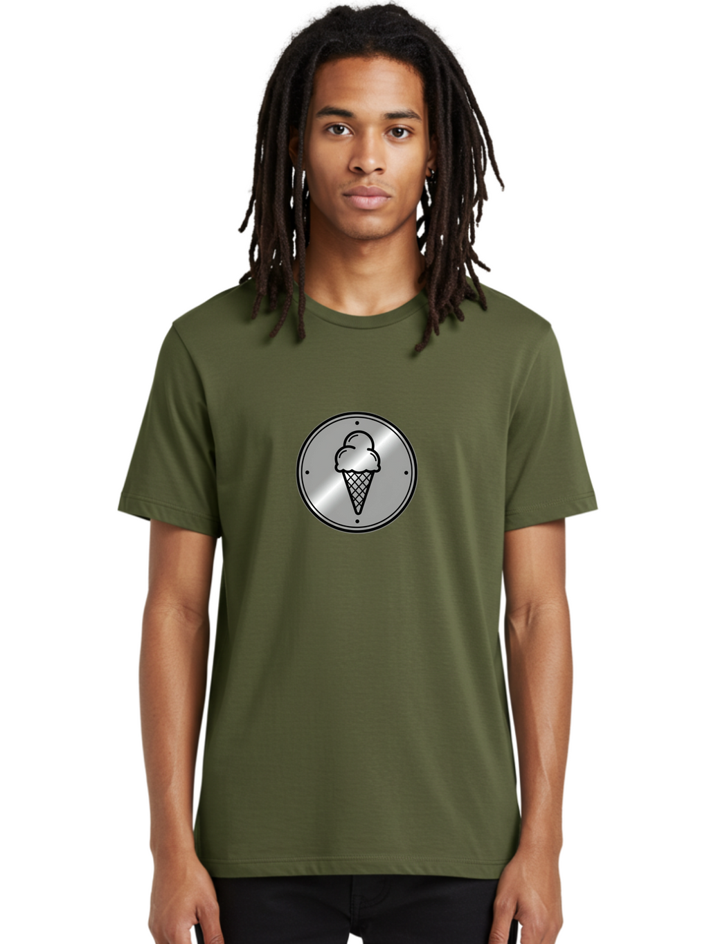 Ice-Cream-Cone-Icon Men'S Graphic Tee, 100% Cotton, Comfortable Casual Summer Wear, Machine Washable, Ice Cream Cone, Sweet Treat, Dessert Icon, Frozen Yogurt, Creamy Texture, Black Outline, Silver Badge, Modern Design, Simple Illustration Baa873