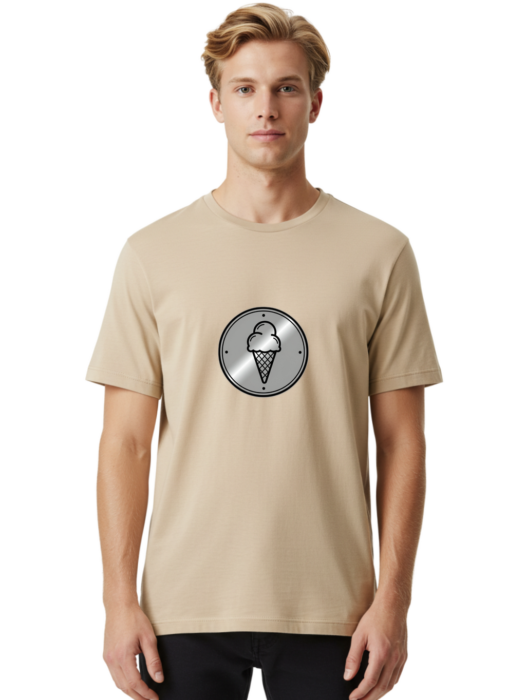Ice-Cream-Cone-Icon Men'S Graphic Tee, 100% Cotton, Comfortable Casual Summer Wear, Machine Washable, Ice Cream Cone, Sweet Treat, Dessert Icon, Frozen Yogurt, Creamy Texture, Black Outline, Silver Badge, Modern Design, Simple Illustration Baa873