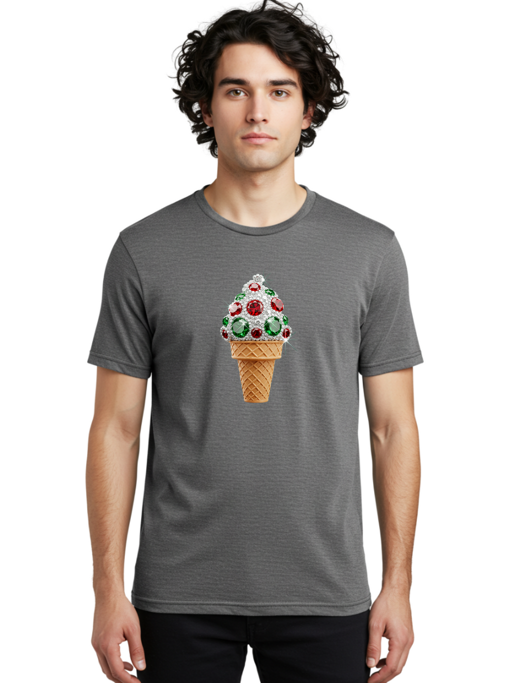 Ice-Cream-Cone-With-Jewels Men'S Graphic Tee, 100% Cotton, Comfortable Casual Summer Wear, Machine Washable, Ice Cream Cone, Diamond Encrusted, Precious Gems, Red And Green Jewels, Luxurious Dessert, Sweet Treat, Diamond Ice Cream, Baa874