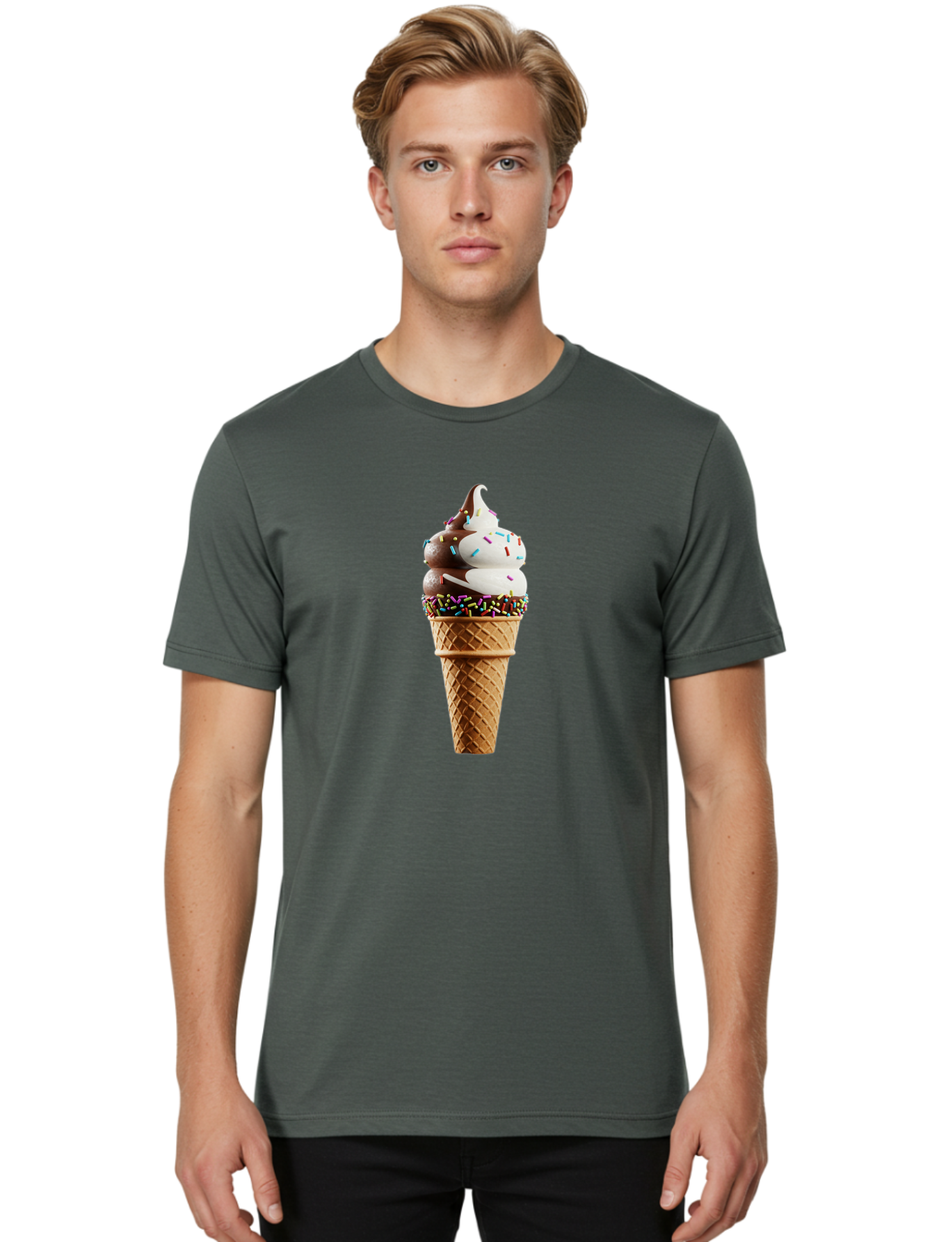 Ice-Cream-Cone Men'S Graphic Tee, 100% Cotton, Comfortable Casual Summer Wear, Machine Washable, Ice Cream Cone, Chocolate And Vanilla Swirl, Rainbow Sprinkles, Sweet Treat, Dessert Delight, Colorful Ice Cream, Tasty Cone, Fun Dessert, Baa875