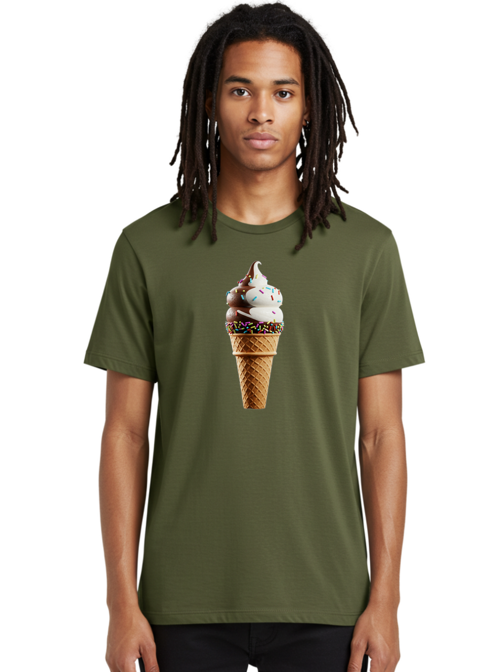 Ice-Cream-Cone Men'S Graphic Tee, 100% Cotton, Comfortable Casual Summer Wear, Machine Washable, Ice Cream Cone, Chocolate And Vanilla Swirl, Rainbow Sprinkles, Sweet Treat, Dessert Delight, Colorful Ice Cream, Tasty Cone, Fun Dessert, Baa875