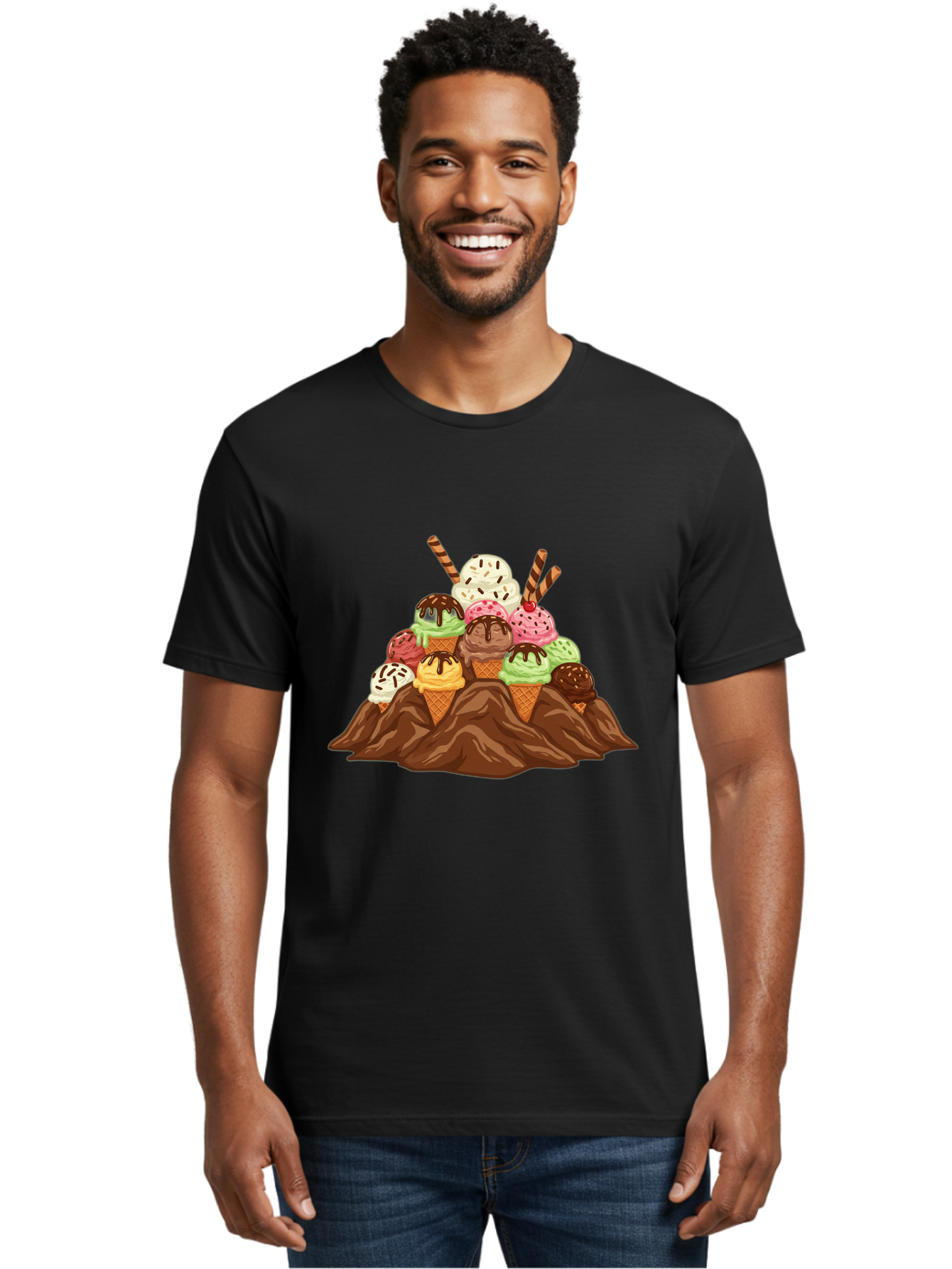 Ice-Cream-Cones Men'S Graphic Tee, 100% Cotton, Comfortable Casual Summer Wear, Machine Washable, Ice Cream Cones, Chocolate Sauce, Sprinkles, Waffle Cones, Colorful Ice Cream, Sweet Treats, Dessert Delights, Tasty Ice Cream, Dessert Art, Baa877