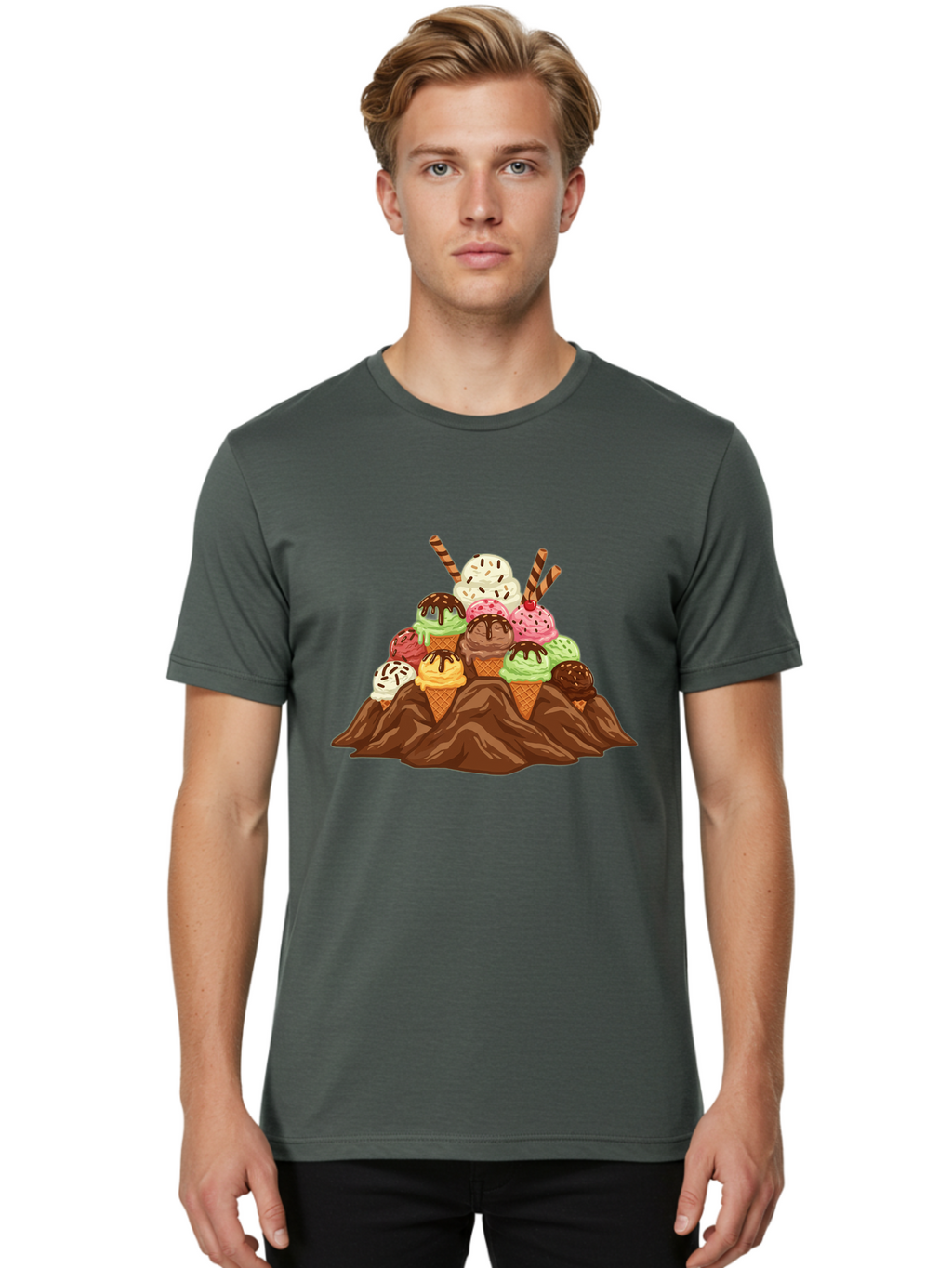 Ice-Cream-Cones Men'S Graphic Tee, 100% Cotton, Comfortable Casual Summer Wear, Machine Washable, Ice Cream Cones, Chocolate Sauce, Sprinkles, Waffle Cones, Colorful Ice Cream, Sweet Treats, Dessert Delights, Tasty Ice Cream, Dessert Art, Baa877