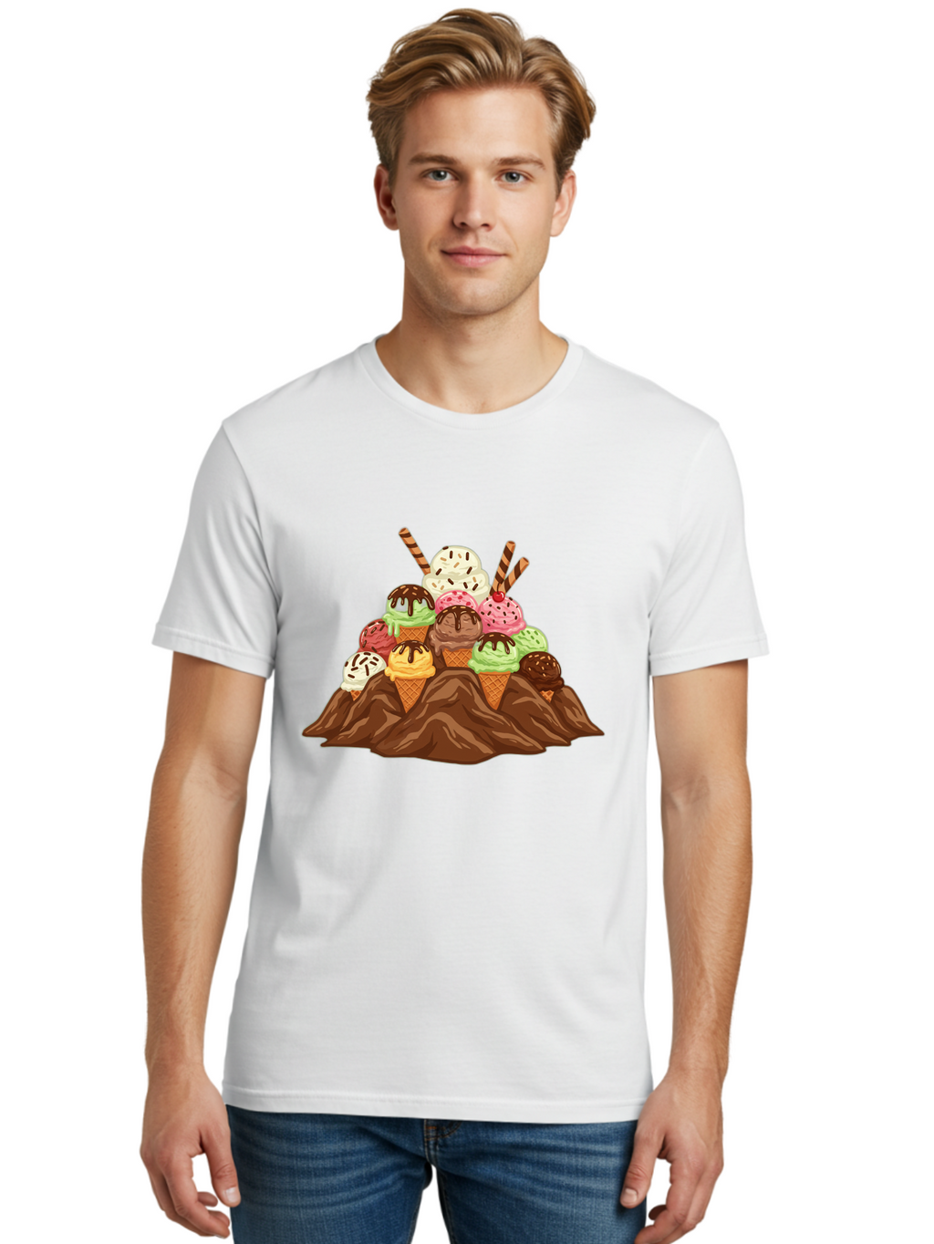 Ice-Cream-Cones Men'S Graphic Tee, 100% Cotton, Comfortable Casual Summer Wear, Machine Washable, Ice Cream Cones, Chocolate Sauce, Sprinkles, Waffle Cones, Colorful Ice Cream, Sweet Treats, Dessert Delights, Tasty Ice Cream, Dessert Art, Baa877