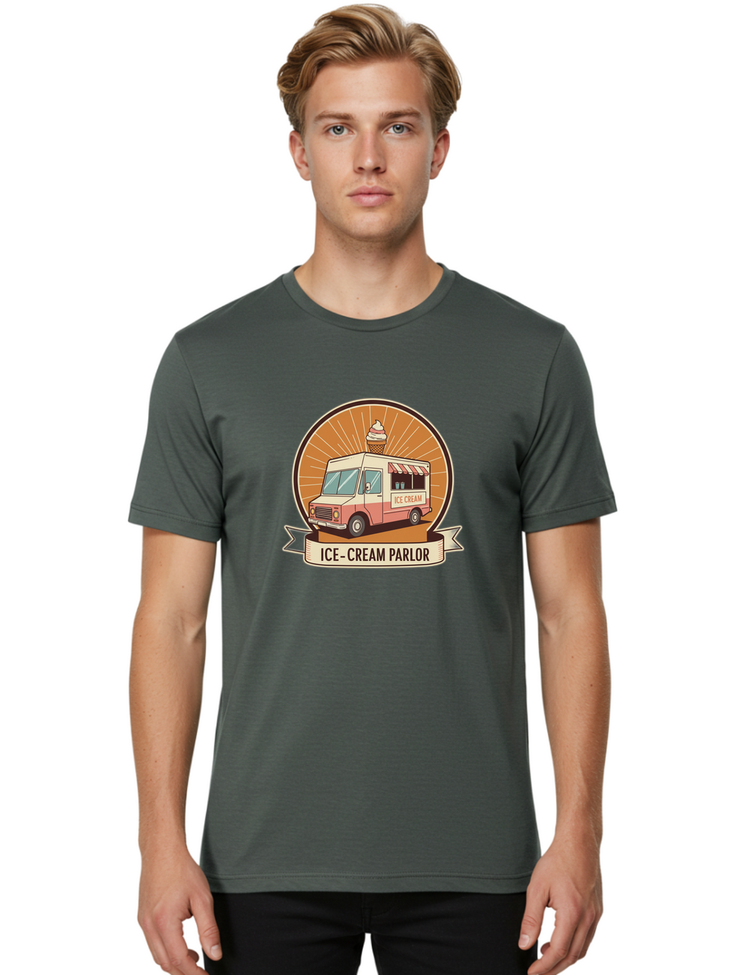 Ice-Cream-Parlor Men'S Graphic Tee, 100% Cotton, Comfortable Casual Summer Wear, Machine Washable, Ice Cream Truck, Ice Cream Parlor, Vintage Truck, Sweet Treats, Retro Style, Ice Cream Cone, Dessert Delight, Summertime Fun, Nostalgic Charm Baa878