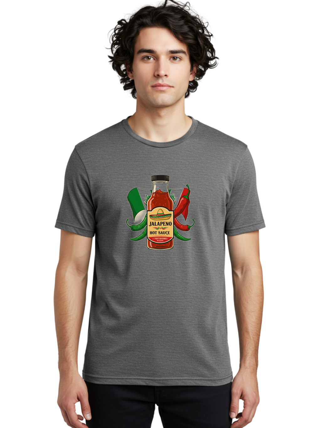 Jalapeno-Hot-Sauce Men'S Graphic Tee, 100% Cotton, Comfortable Casual Summer Wear, Machine Washable, Jalapeno Hot Sauce, Spicy Condiment, Mexican Cuisine, Hot Peppers, Chili Peppers, Jalapeno Peppers, Salsa, Hot Sauce Bottle, Condiment Bottle Baa882