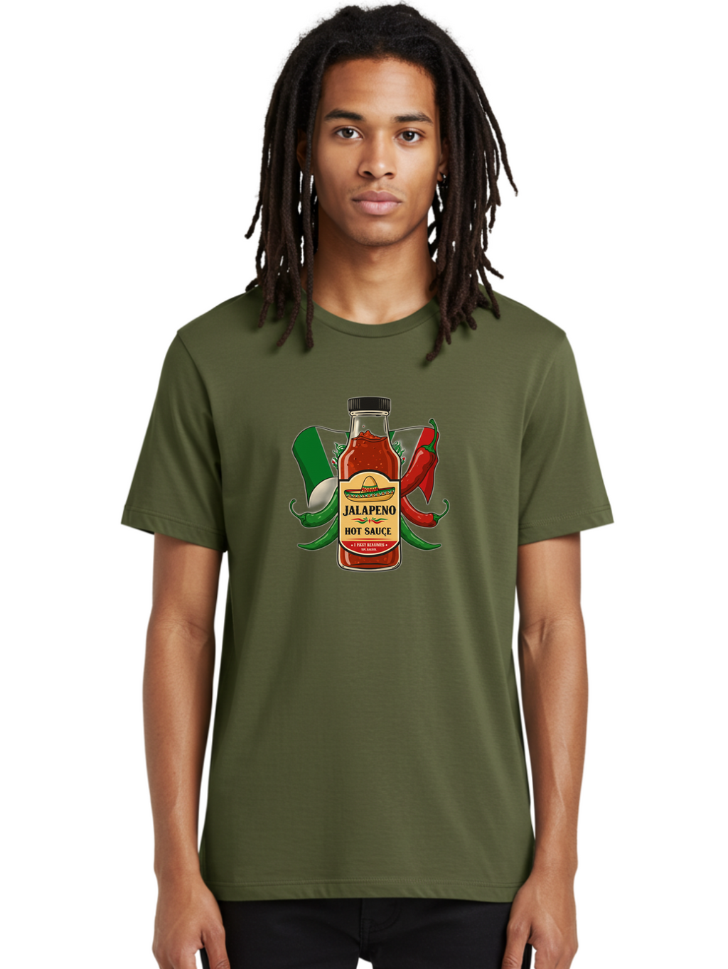 Jalapeno-Hot-Sauce Men'S Graphic Tee, 100% Cotton, Comfortable Casual Summer Wear, Machine Washable, Jalapeno Hot Sauce, Spicy Condiment, Mexican Cuisine, Hot Peppers, Chili Peppers, Jalapeno Peppers, Salsa, Hot Sauce Bottle, Condiment Bottle Baa882