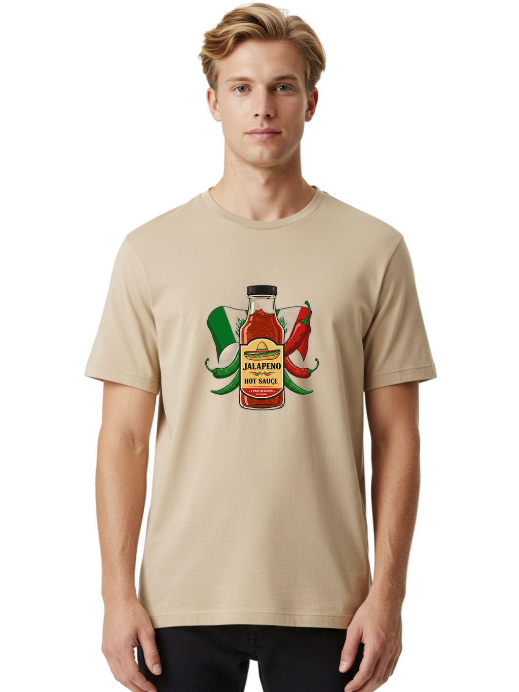 Jalapeno-Hot-Sauce Men'S Graphic Tee, 100% Cotton, Comfortable Casual Summer Wear, Machine Washable, Jalapeno Hot Sauce, Spicy Condiment, Mexican Cuisine, Hot Peppers, Chili Peppers, Jalapeno Peppers, Salsa, Hot Sauce Bottle, Condiment Bottle Baa882