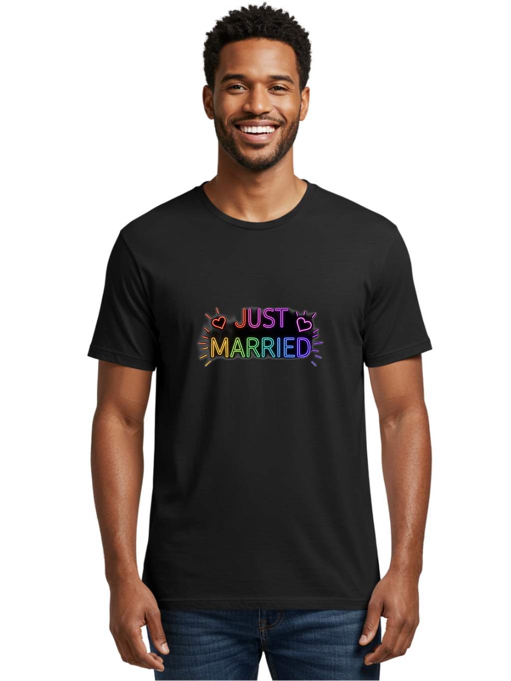 Just-Married-1 Men'S Graphic Tee, 100% Cotton, Comfortable Casual Summer Wear, Machine Washable, Neon Just Married Sign, Colorful Hearts, Rainbow Colors, Love Symbol, Wedding Decoration, Couple Goals, Romantic Gesture, Glowing Text, Baa883