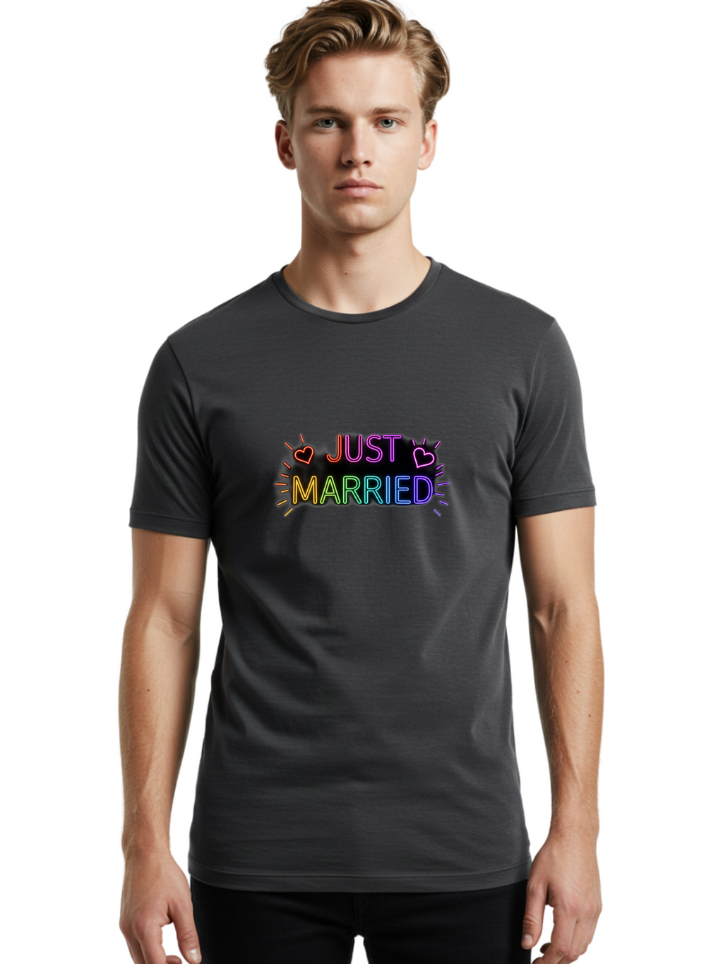 Just-Married-1 Men'S Graphic Tee, 100% Cotton, Comfortable Casual Summer Wear, Machine Washable, Neon Just Married Sign, Colorful Hearts, Rainbow Colors, Love Symbol, Wedding Decoration, Couple Goals, Romantic Gesture, Glowing Text, Baa883