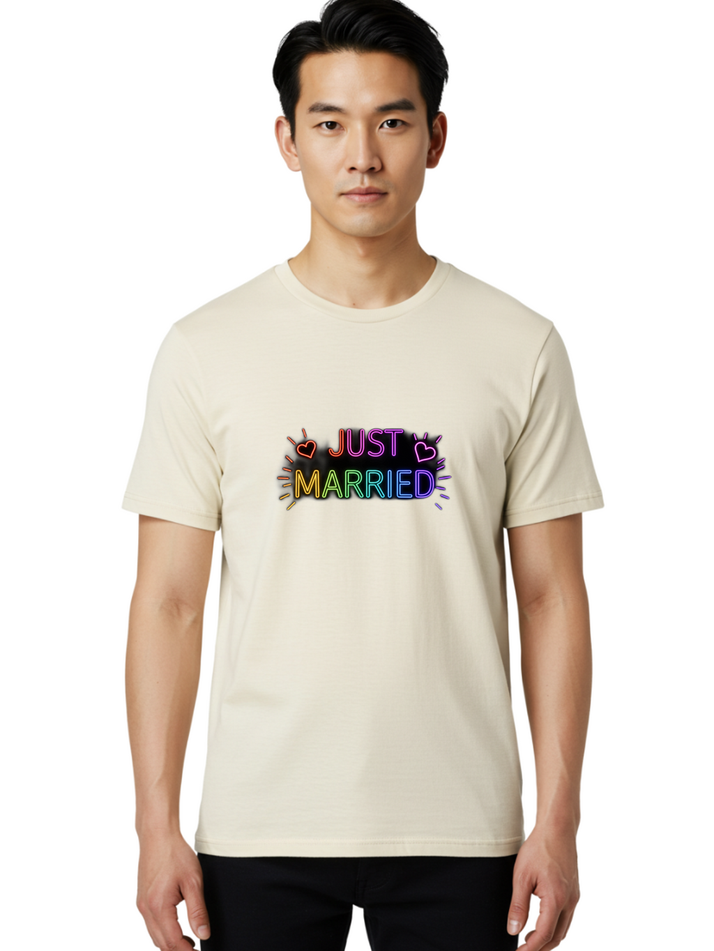 Just-Married-1 Men'S Graphic Tee, 100% Cotton, Comfortable Casual Summer Wear, Machine Washable, Neon Just Married Sign, Colorful Hearts, Rainbow Colors, Love Symbol, Wedding Decoration, Couple Goals, Romantic Gesture, Glowing Text, Baa883