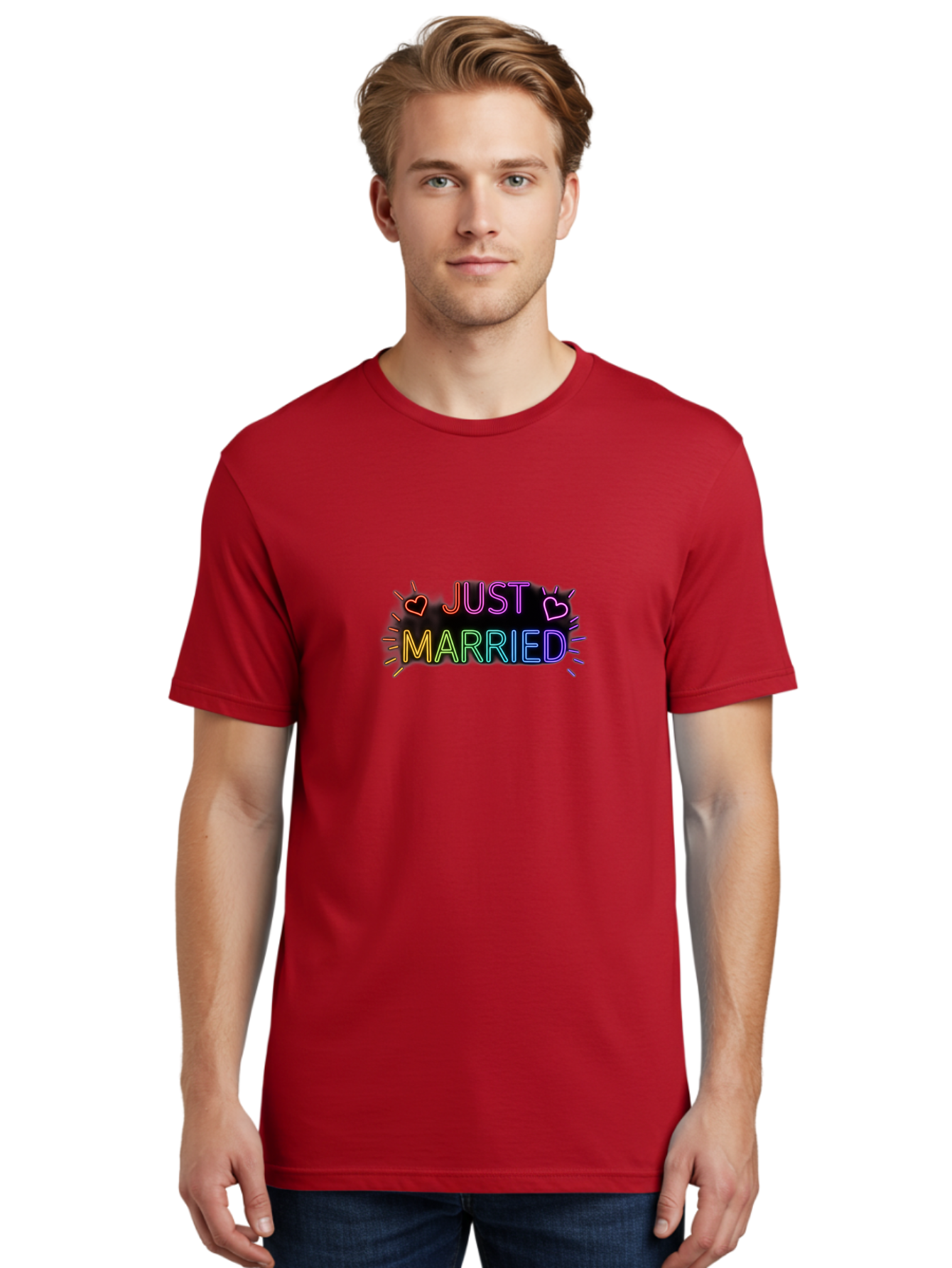 Just-Married-1 Men'S Graphic Tee, 100% Cotton, Comfortable Casual Summer Wear, Machine Washable, Neon Just Married Sign, Colorful Hearts, Rainbow Colors, Love Symbol, Wedding Decoration, Couple Goals, Romantic Gesture, Glowing Text, Baa883
