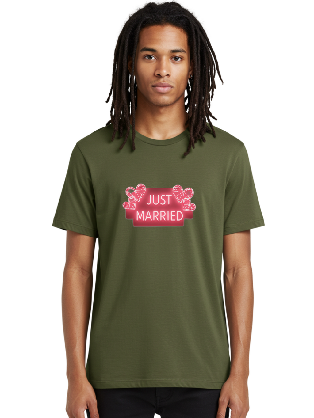 Just-Married-10 Men'S Graphic Tee, 100% Cotton, Comfortable Casual Summer Wear, Machine Washable, Just Married Sign, Wedding Decoration, Love Hearts, Neon Sign, Pink Hearts, Wedding Celebration, Geometric Hearts, Festive Decoration, Baa884