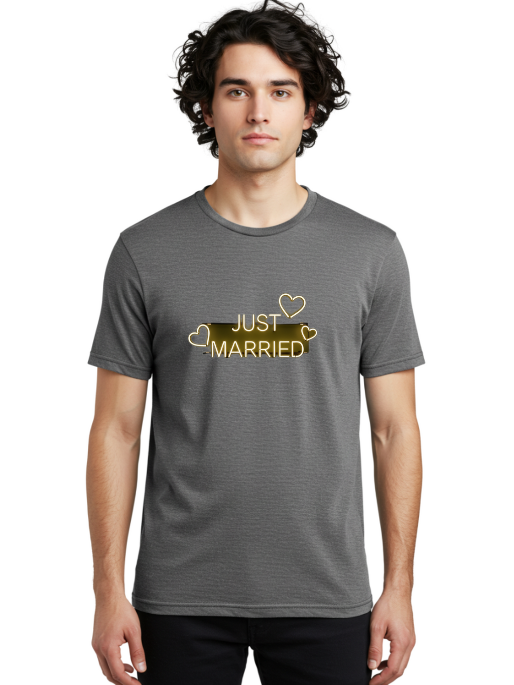 Just-Married-11 Men'S Graphic Tee, 100% Cotton, Comfortable Casual Summer Wear, Machine Washable, Just Married, Neon Sign, Heart Shaped Lights, Wedding Decor, Love Symbol, Romantic Ambiance, Glowing Hearts, Wedding Celebration, Marriage Bliss, Baa885