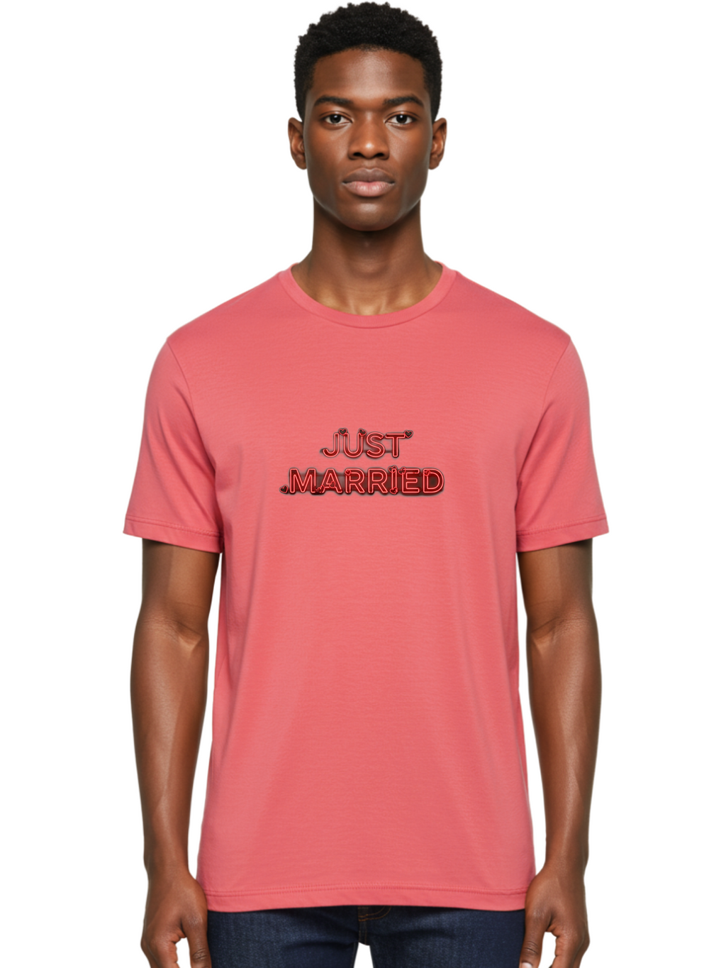 Just-Married-2 Men'S Graphic Tee, 100% Cotton, Comfortable Casual Summer Wear, Machine Washable, Wedding Decoration, Marriage Celebration, Newlyweds, Love Is In The Air, Red Neon Sign, Just Married Sign, Romance, Valentine'S Day Gift Baa886