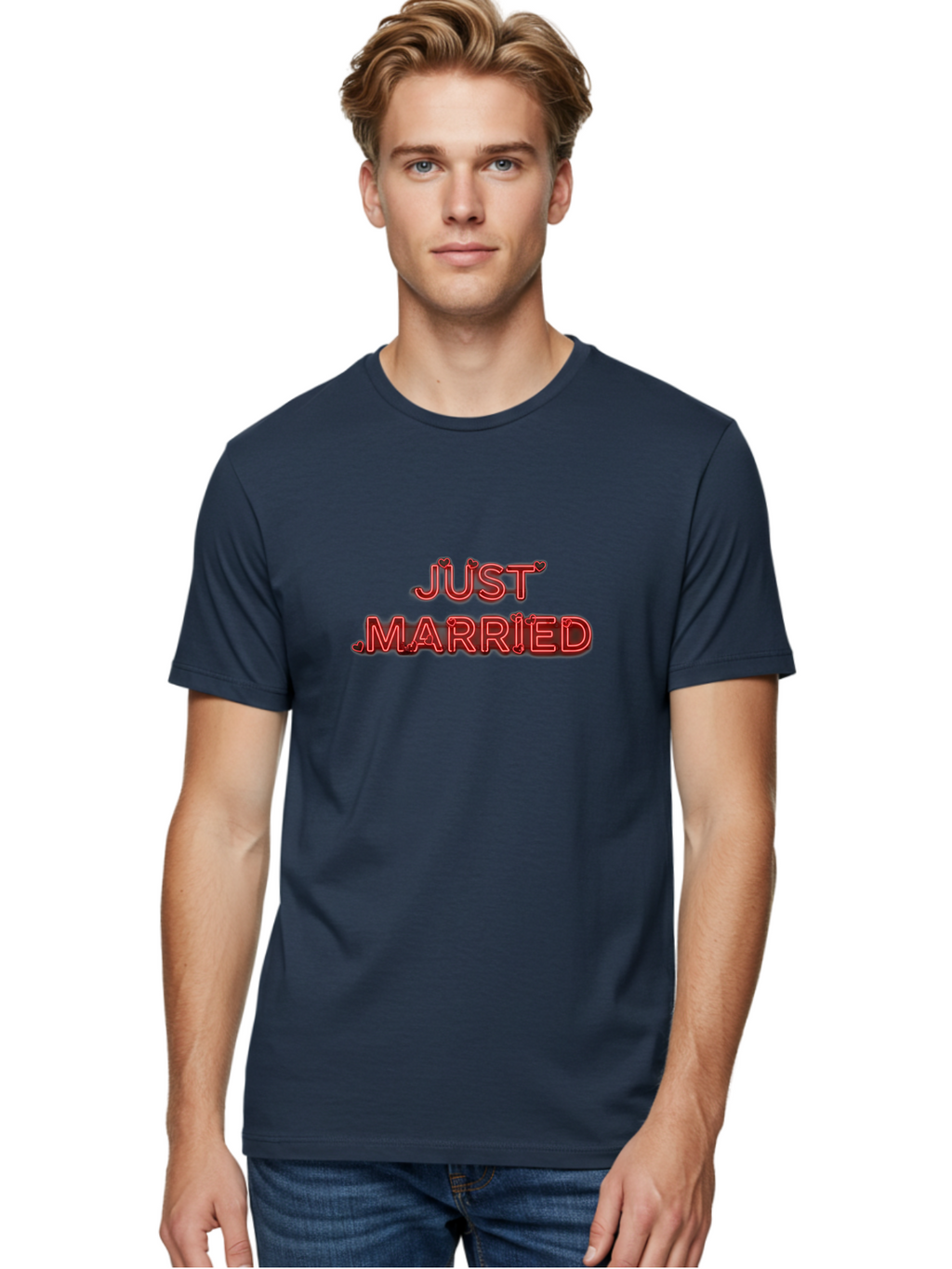 Just-Married-2 Men'S Graphic Tee, 100% Cotton, Comfortable Casual Summer Wear, Machine Washable, Wedding Decoration, Marriage Celebration, Newlyweds, Love Is In The Air, Red Neon Sign, Just Married Sign, Romance, Valentine'S Day Gift Baa886