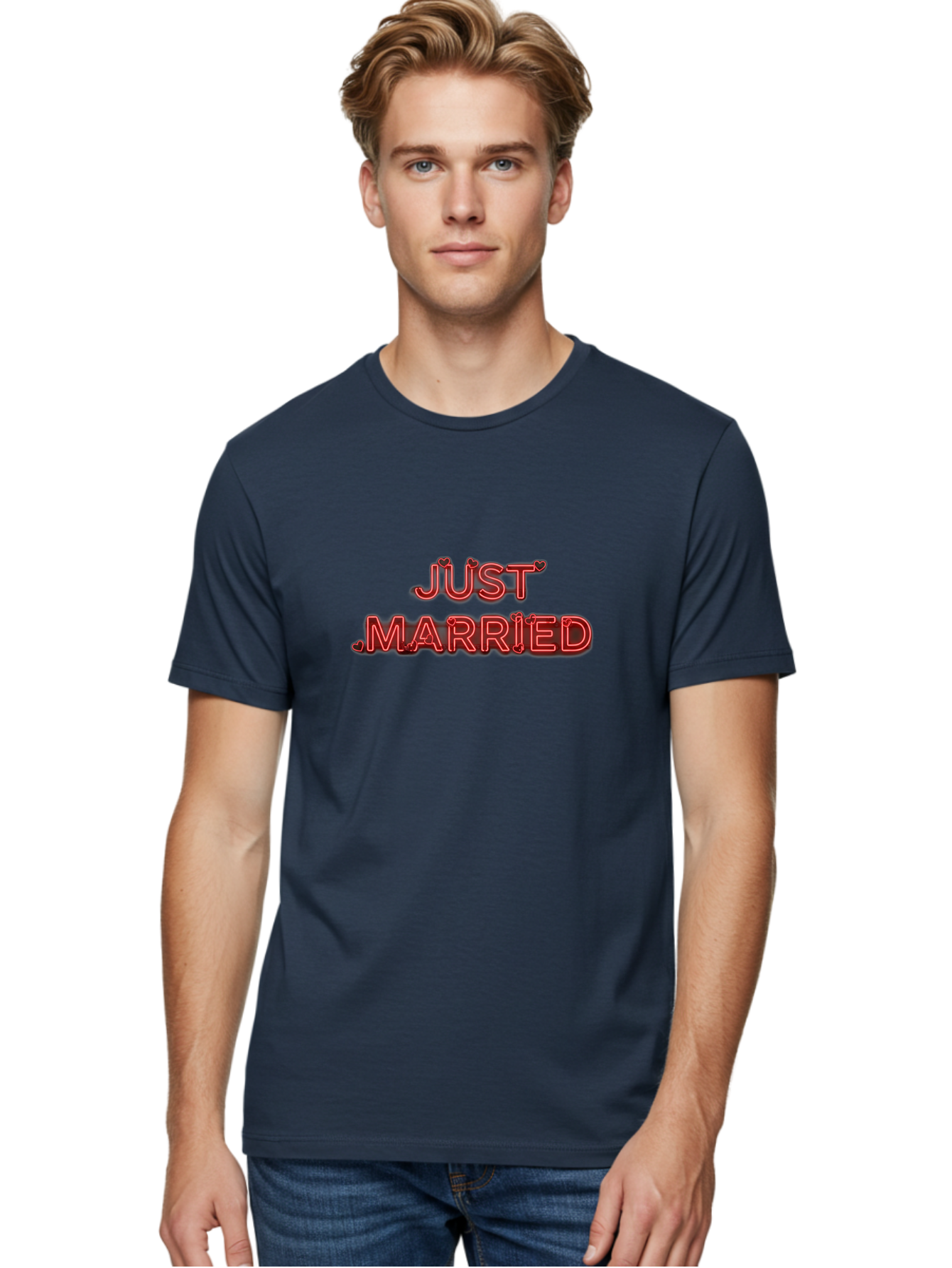 Just-Married-2 Men'S Graphic Tee, 100% Cotton, Comfortable Casual Summer Wear, Machine Washable, Wedding Decoration, Marriage Celebration, Newlyweds, Love Is In The Air, Red Neon Sign, Just Married Sign, Romance, Valentine'S Day Gift Baa886