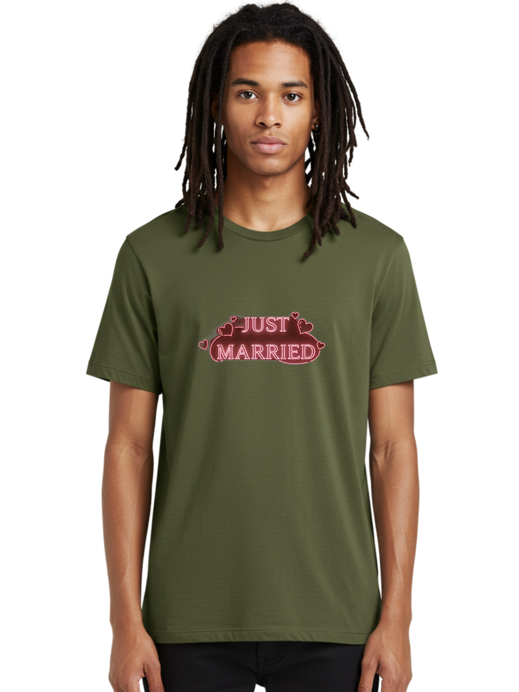 Just-Married-3 Men'S Graphic Tee, 100% Cotton, Comfortable Casual Summer Wear, Machine Washable, Just Married Sign, Wedding Decor, Love Hearts, Pink Neon Lights, Marriage Celebration, Wedding Decoration Ideas, Happy Couple, Baa887