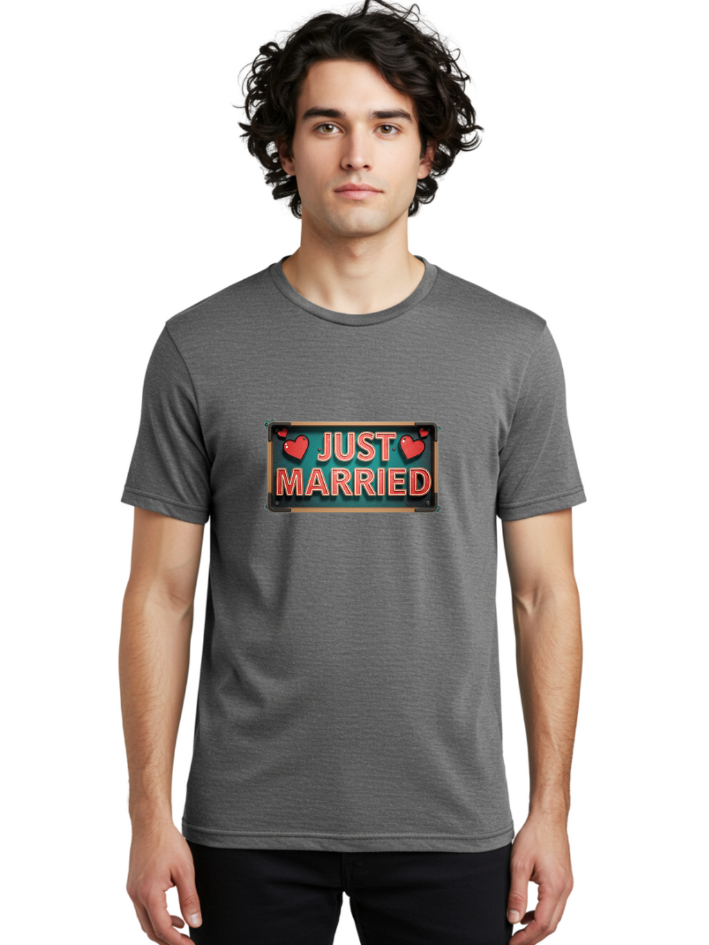 Just-Married-4 Men'S Graphic Tee, 100% Cotton, Comfortable Casual Summer Wear, Machine Washable, Just Married Sign, Red Hearts, Romantic Symbols, Love Decoration, Wedding Celebration, Newlyweds, Love Hearts Baa888