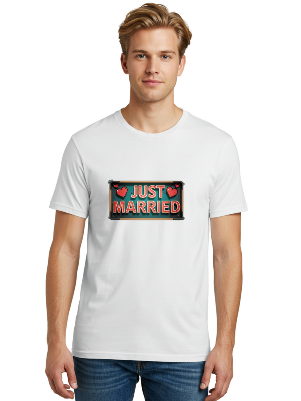 Just-Married-4 Men'S Graphic Tee, 100% Cotton, Comfortable Casual Summer Wear, Machine Washable, Just Married Sign, Red Hearts, Romantic Symbols, Love Decoration, Wedding Celebration, Newlyweds, Love Hearts Baa888