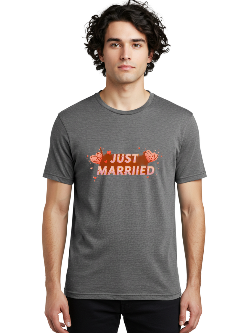 Just-Married-5 Men'S Graphic Tee, 100% Cotton, Comfortable Casual Summer Wear, Machine Washable, Just Married Text, White And Red Hearts, Newlywed Couple, Love Celebration, Wedding Bliss, Heart Decorations, Red Splatter, Love Symbols, Baa889