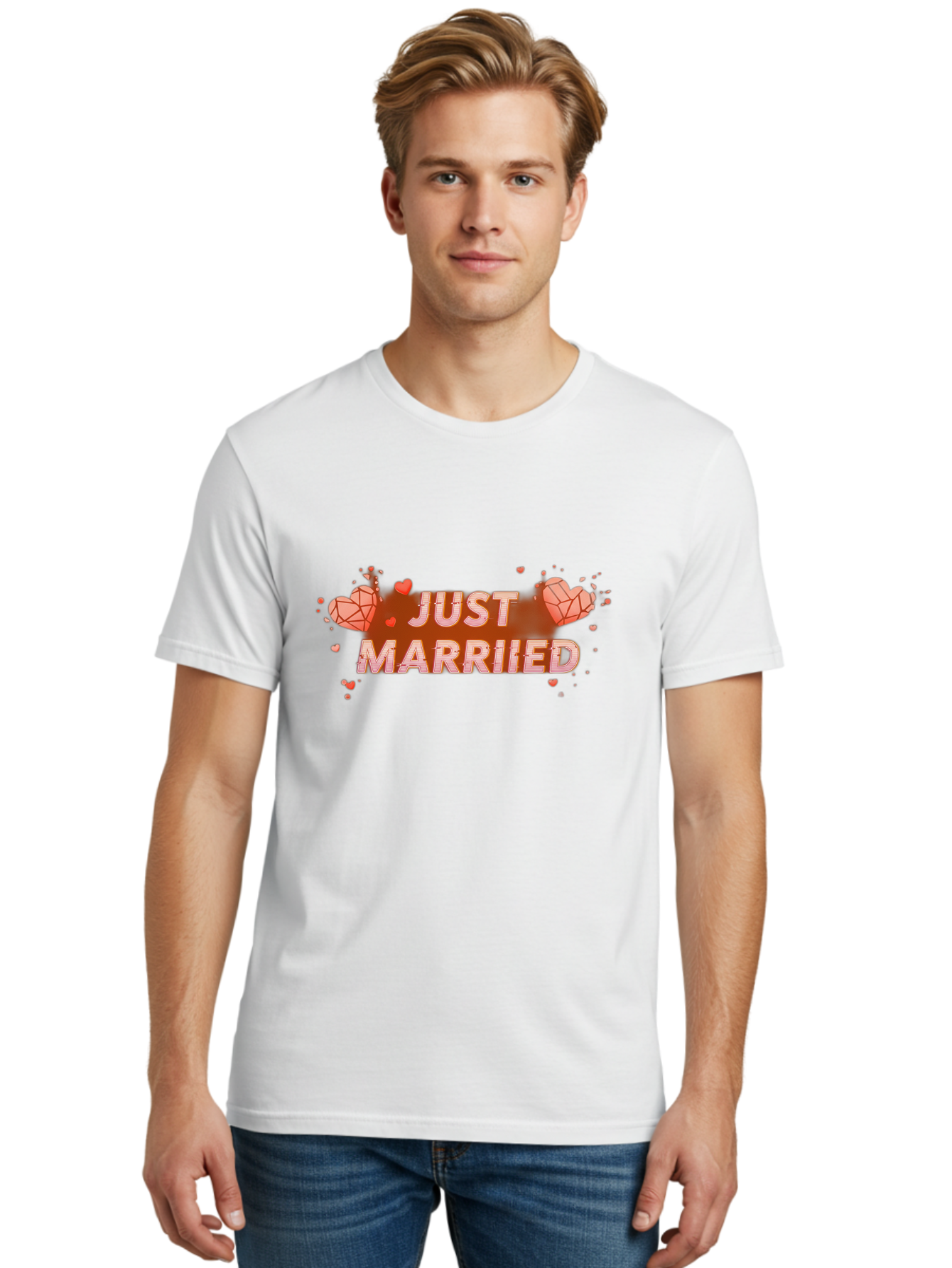 Just-Married-5 Men'S Graphic Tee, 100% Cotton, Comfortable Casual Summer Wear, Machine Washable, Just Married Text, White And Red Hearts, Newlywed Couple, Love Celebration, Wedding Bliss, Heart Decorations, Red Splatter, Love Symbols, Baa889