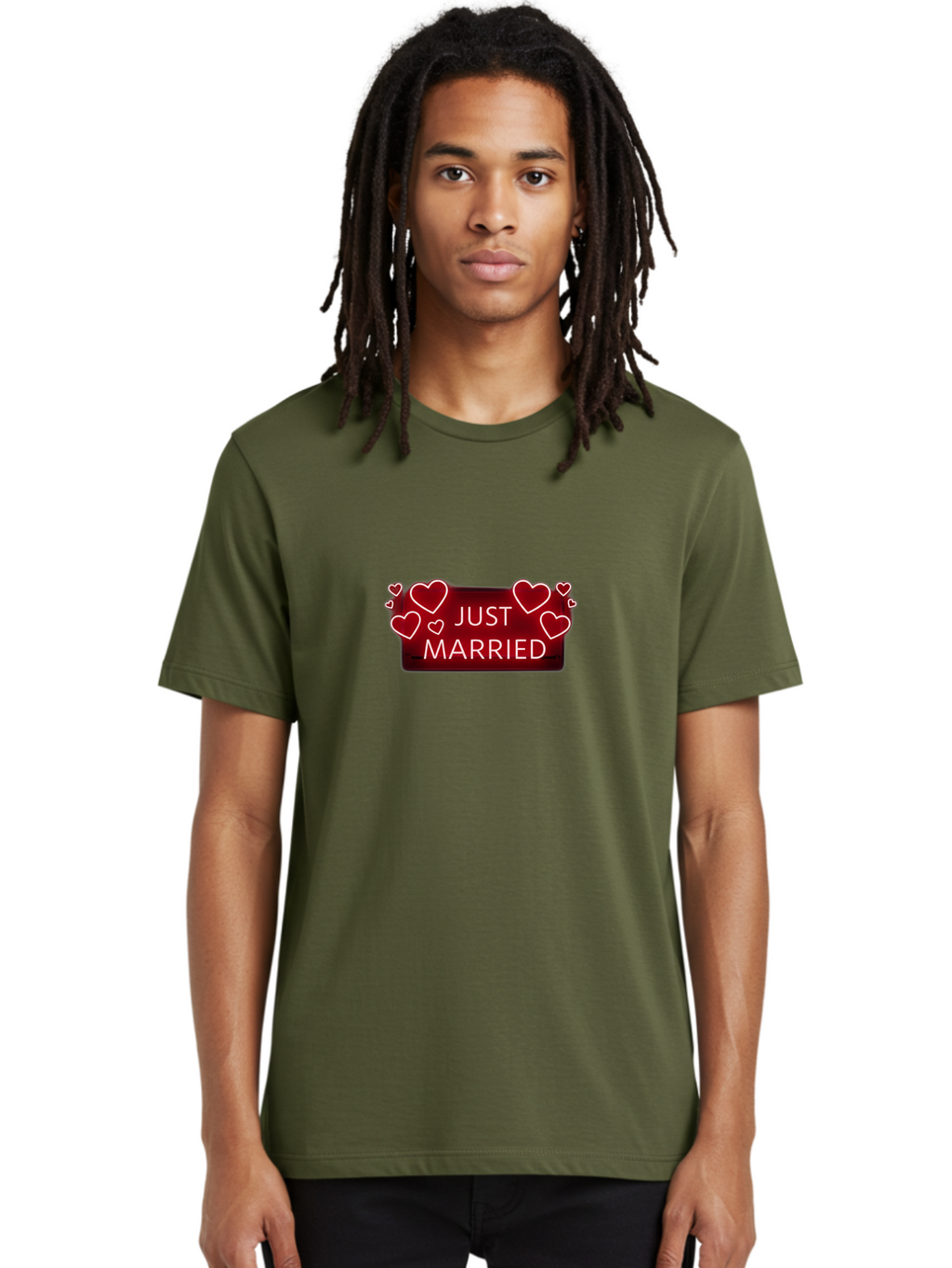 Just-Married-6 Men'S Graphic Tee, 100% Cotton, Comfortable Casual Summer Wear, Machine Washable, Marriage Celebration, Wedding Day, Just Married Sign, Red Hearts, Love Symbol, Valentines Day Gift, Romance, Wedding Decor Baa890