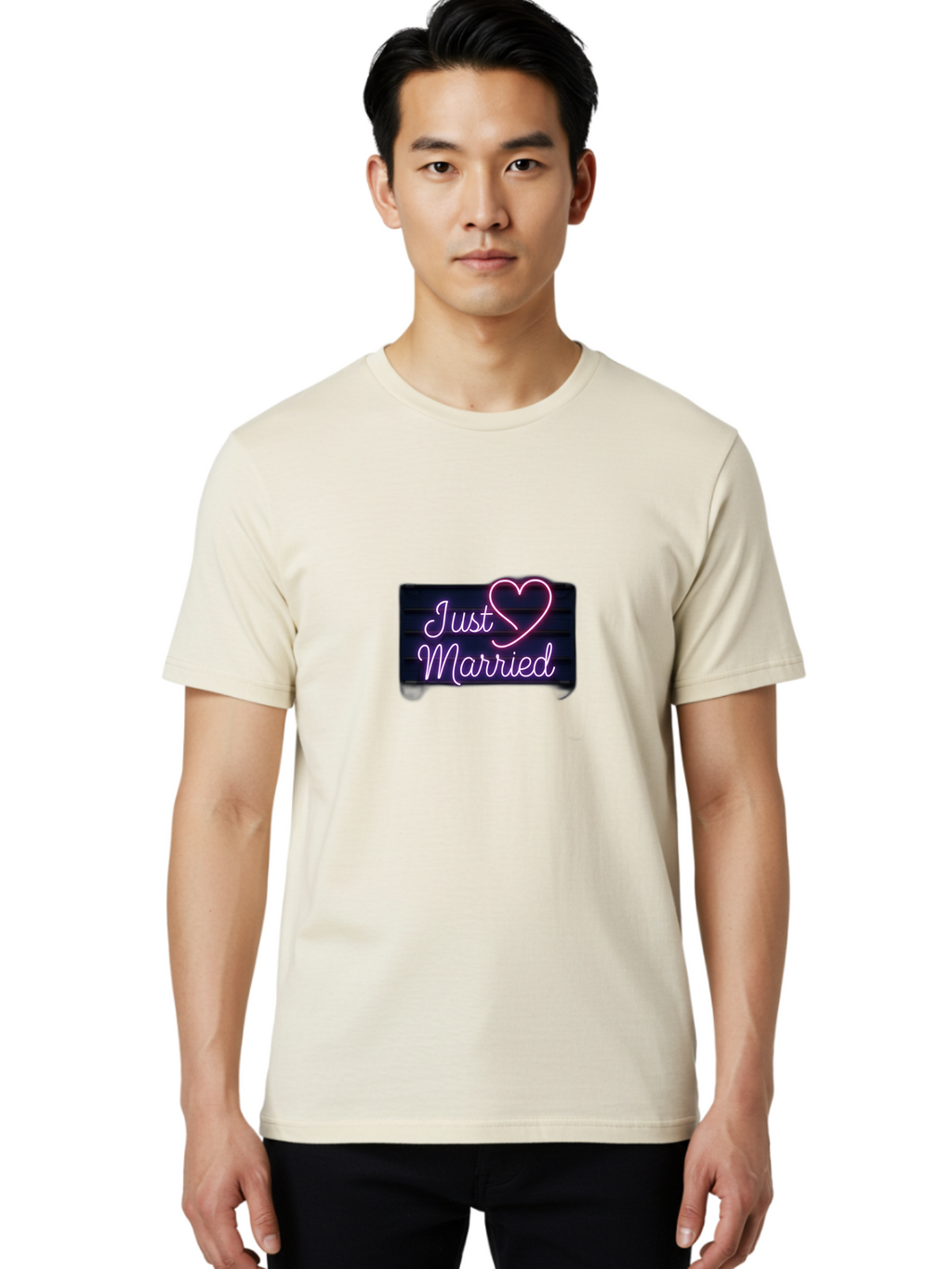 Just-Married-8 Men'S Graphic Tee, 100% Cotton, Comfortable Casual Summer Wear, Machine Washable, Neon Sign, Just Married, Wedding Decor, Love Heart, Pink Neon, Marriage Celebration, Wedding Signage, Romantic Decor, Party Decoration, Baa892