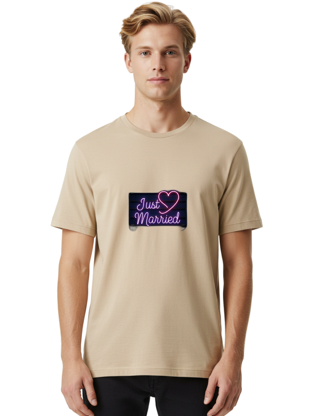 Just-Married-8 Men'S Graphic Tee, 100% Cotton, Comfortable Casual Summer Wear, Machine Washable, Neon Sign, Just Married, Wedding Decor, Love Heart, Pink Neon, Marriage Celebration, Wedding Signage, Romantic Decor, Party Decoration, Baa892
