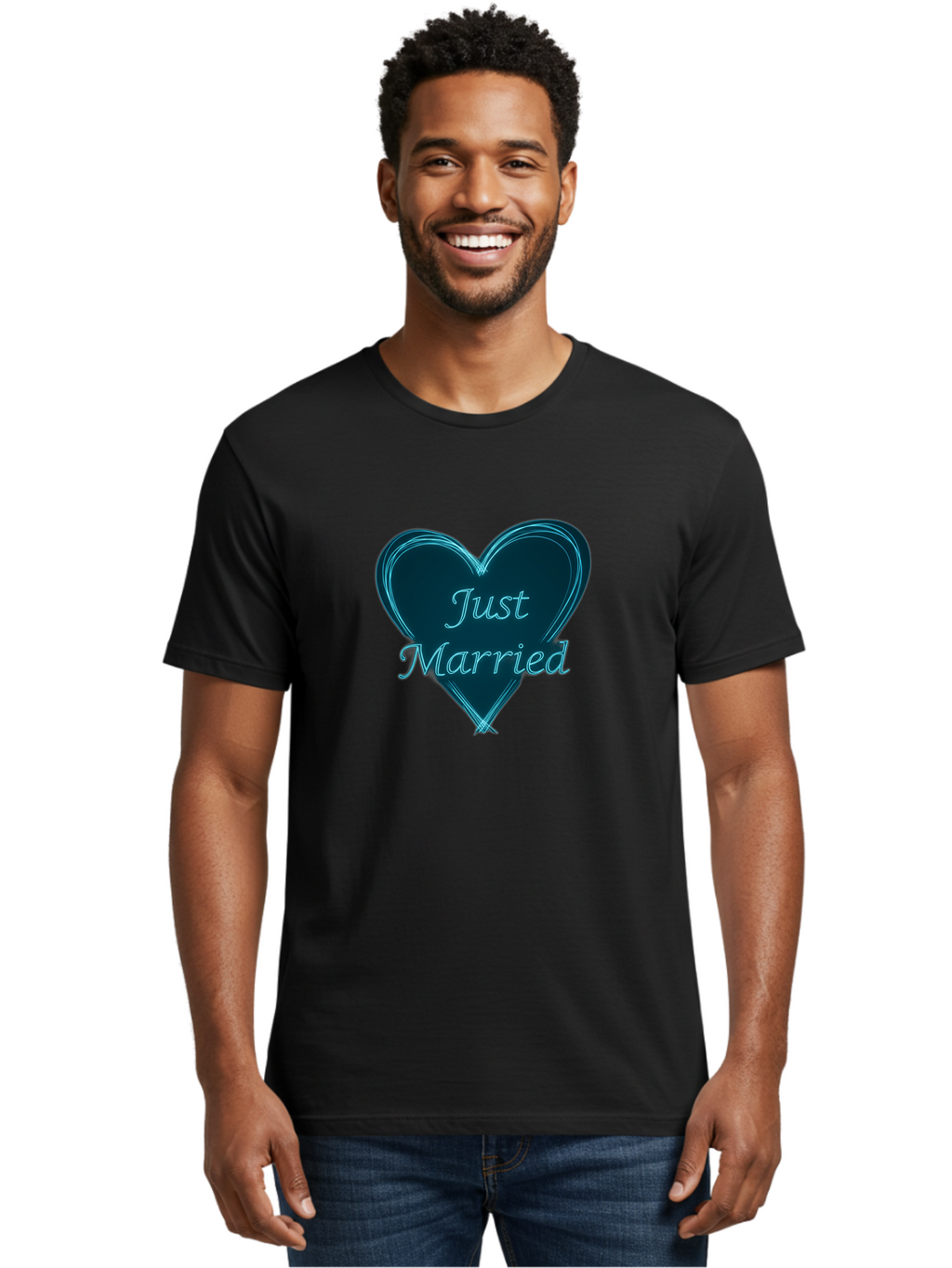 Just-Married-9 Men'S Graphic Tee, 100% Cotton, Comfortable Casual Summer Wear, Machine Washable, Wedding Heart, Love Symbol, Just Married Sign, Blue Heart Graphic, Cursive Text, Newlyweds, Marriage Celebration, Heart Shape Baa893