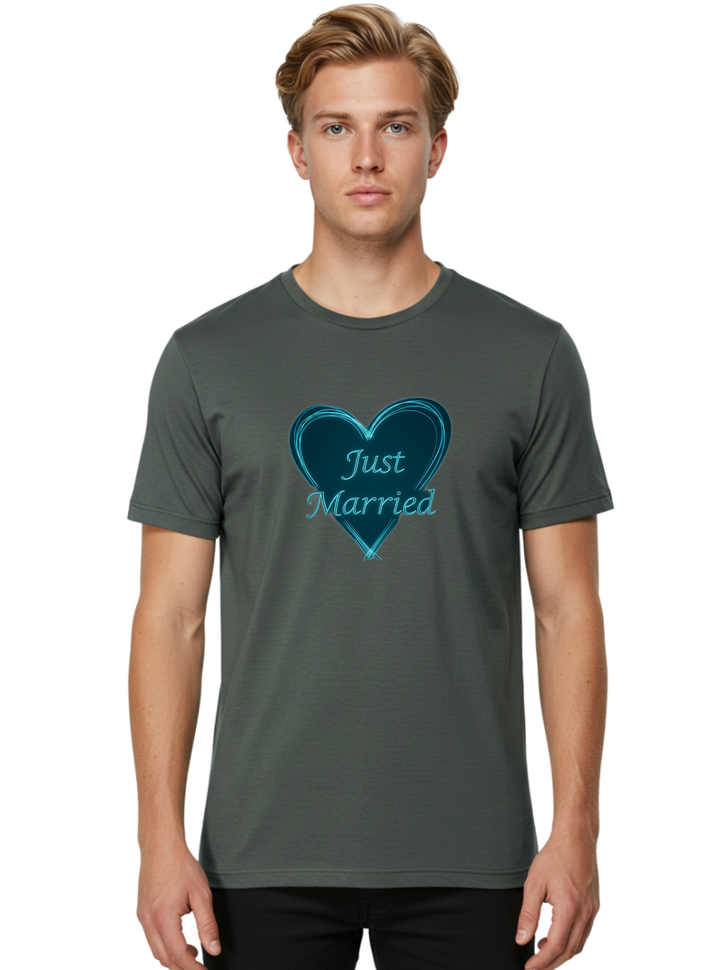 Just-Married-9 Men'S Graphic Tee, 100% Cotton, Comfortable Casual Summer Wear, Machine Washable, Wedding Heart, Love Symbol, Just Married Sign, Blue Heart Graphic, Cursive Text, Newlyweds, Marriage Celebration, Heart Shape Baa893