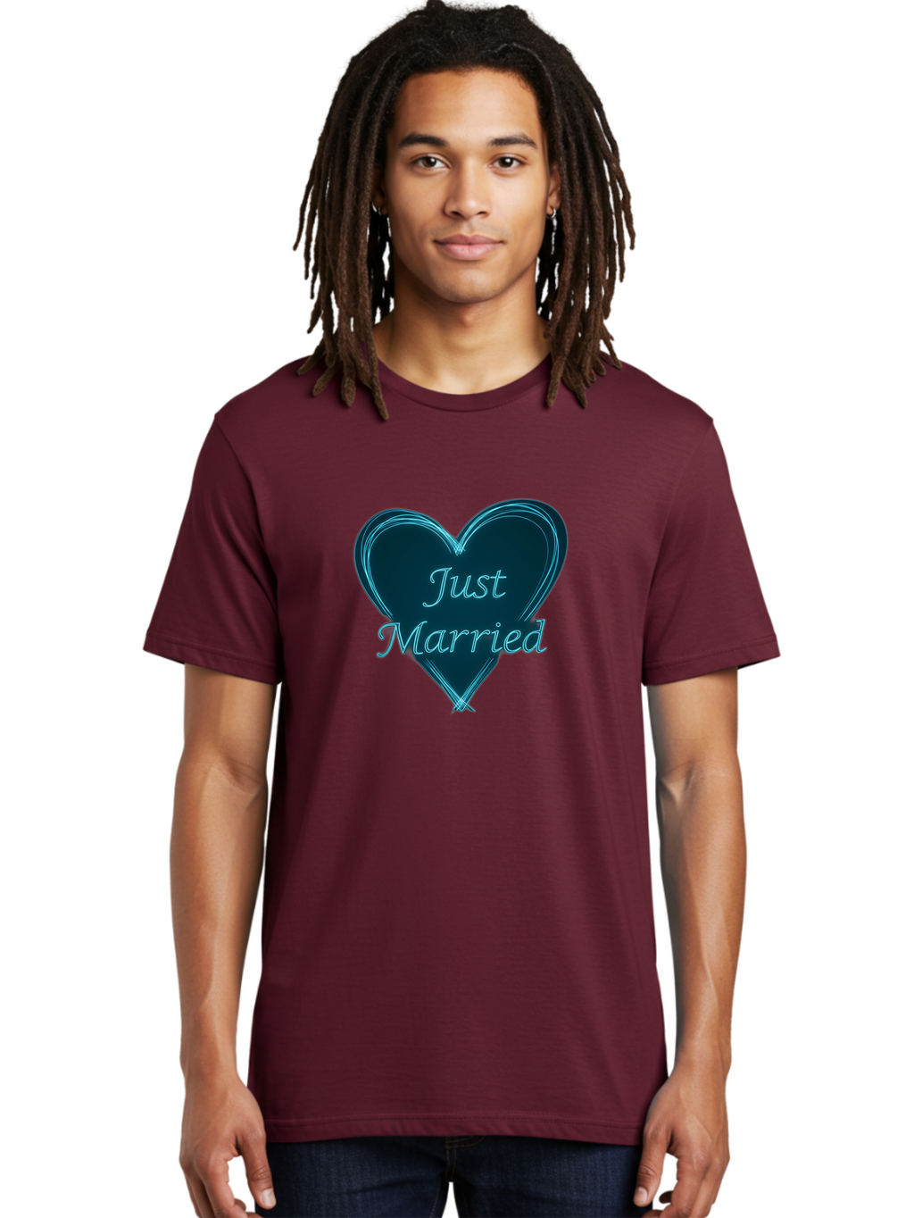 Just-Married-9 Men'S Graphic Tee, 100% Cotton, Comfortable Casual Summer Wear, Machine Washable, Wedding Heart, Love Symbol, Just Married Sign, Blue Heart Graphic, Cursive Text, Newlyweds, Marriage Celebration, Heart Shape Baa893
