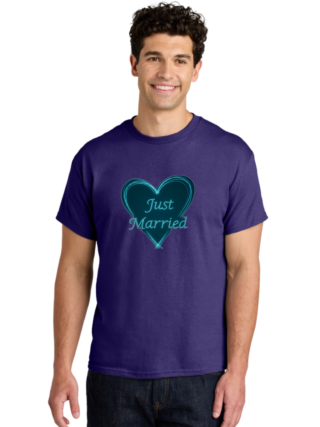 Just-Married-9 Men'S Graphic Tee, 100% Cotton, Comfortable Casual Summer Wear, Machine Washable, Wedding Heart, Love Symbol, Just Married Sign, Blue Heart Graphic, Cursive Text, Newlyweds, Marriage Celebration, Heart Shape Baa893