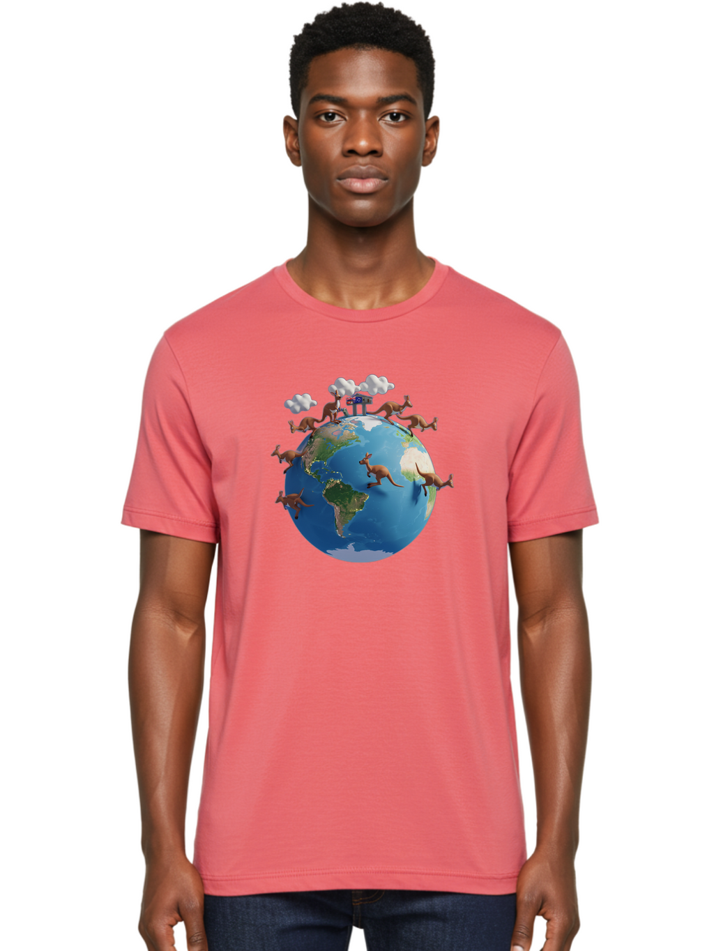 Kangaroos-On-Globe Men'S Graphic Tee, 100% Cotton, Comfortable Casual Summer Wear, Machine Washable, Kangaroos Jumping Around The World, Earth From Space, Global Unity, Playful Wildlife, Marsupials, International Friendship, Africa, Baa897
