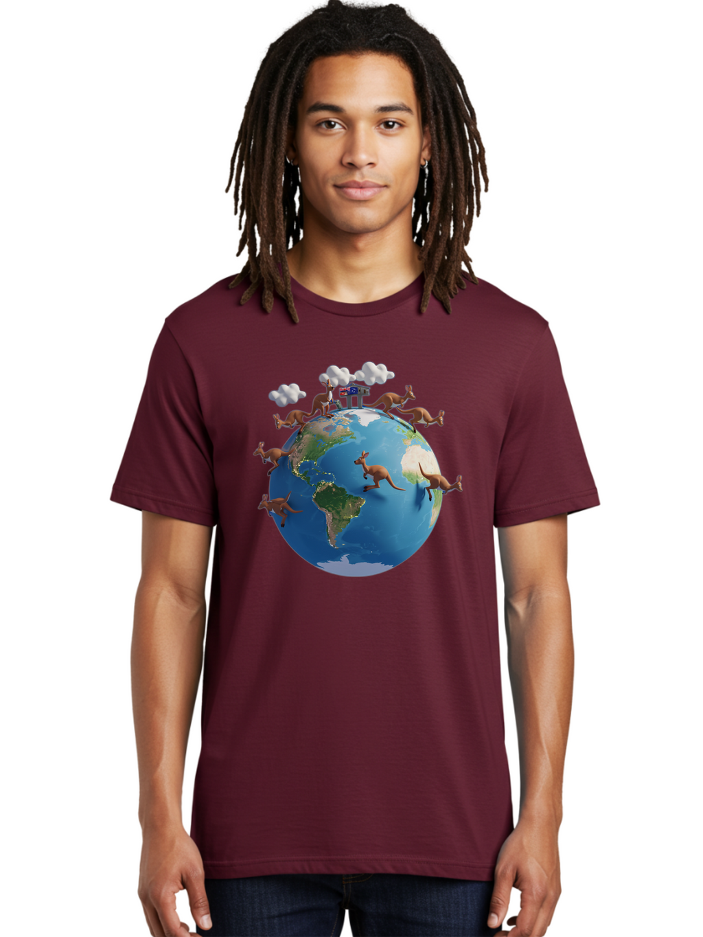 Kangaroos-On-Globe Men'S Graphic Tee, 100% Cotton, Comfortable Casual Summer Wear, Machine Washable, Kangaroos Jumping Around The World, Earth From Space, Global Unity, Playful Wildlife, Marsupials, International Friendship, Africa, Baa897