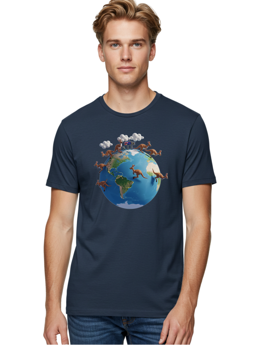 Kangaroos-On-Globe Men'S Graphic Tee, 100% Cotton, Comfortable Casual Summer Wear, Machine Washable, Kangaroos Jumping Around The World, Earth From Space, Global Unity, Playful Wildlife, Marsupials, International Friendship, Africa, Baa897