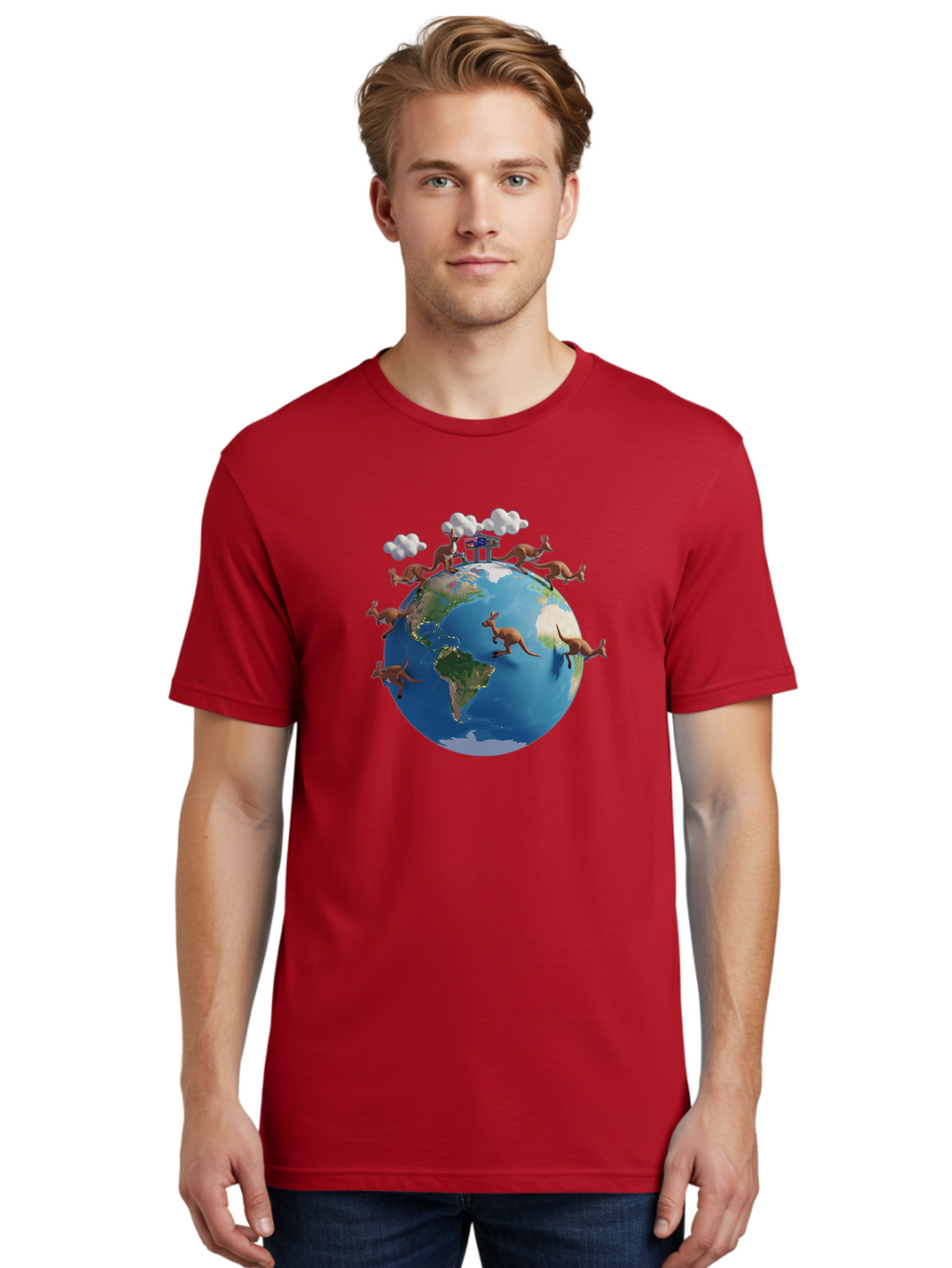 Kangaroos-On-Globe Men'S Graphic Tee, 100% Cotton, Comfortable Casual Summer Wear, Machine Washable, Kangaroos Jumping Around The World, Earth From Space, Global Unity, Playful Wildlife, Marsupials, International Friendship, Africa, Baa897